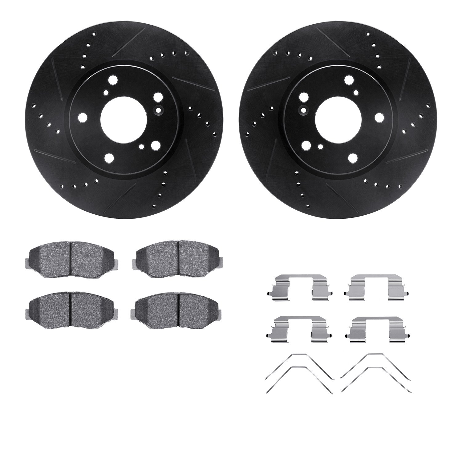 8512-59106 Drilled/Slotted Brake Rotors w/5000 Advanced Brake Pads Kit & Hardware [Black], 2016-2021 Acura/Honda, Position: Fron