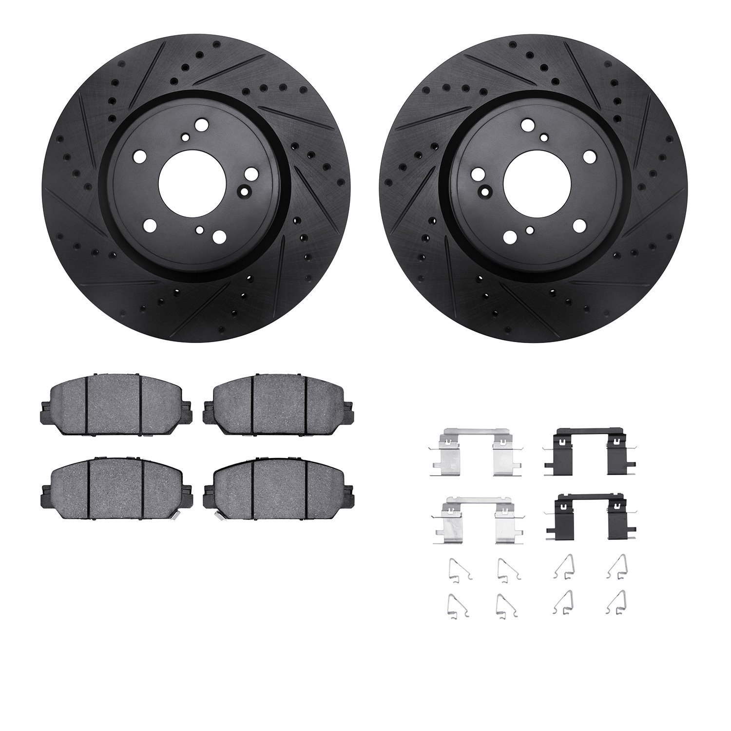8512-59115 Drilled/Slotted Brake Rotors w/5000 Advanced Brake Pads Kit & Hardware [Black], Fits Select Acura/Honda, Position: Fr