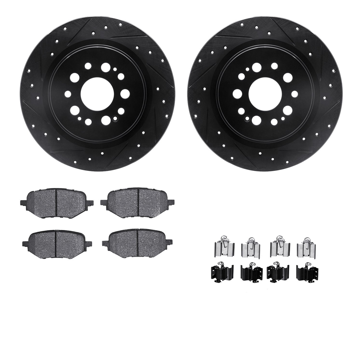 8512-59127 Drilled/Slotted Brake Rotors w/5000 Advanced Brake Pads Kit & Hardware [Black], Fits Select Acura/Honda, Position: Re