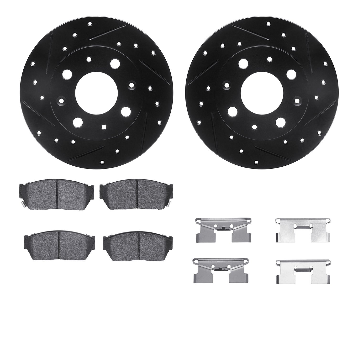 8512-59131 Drilled/Slotted Brake Rotors w/5000 Advanced Brake Pads Kit & Hardware [Black], 1982-1983 Acura/Honda, Position: Fron