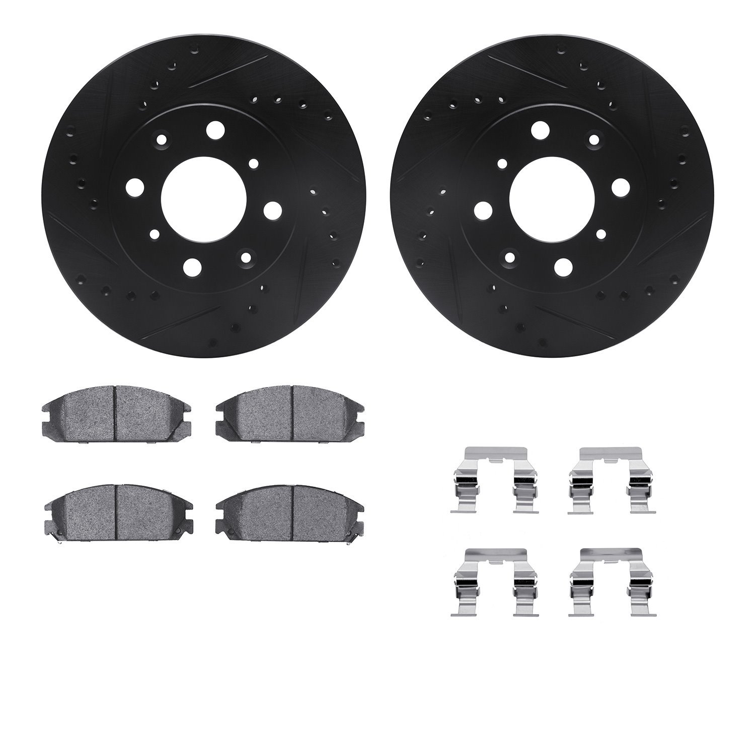 8512-59149 Drilled/Slotted Brake Rotors w/5000 Advanced Brake Pads Kit & Hardware [Black], 1985-1989 Acura/Honda, Position: Fron