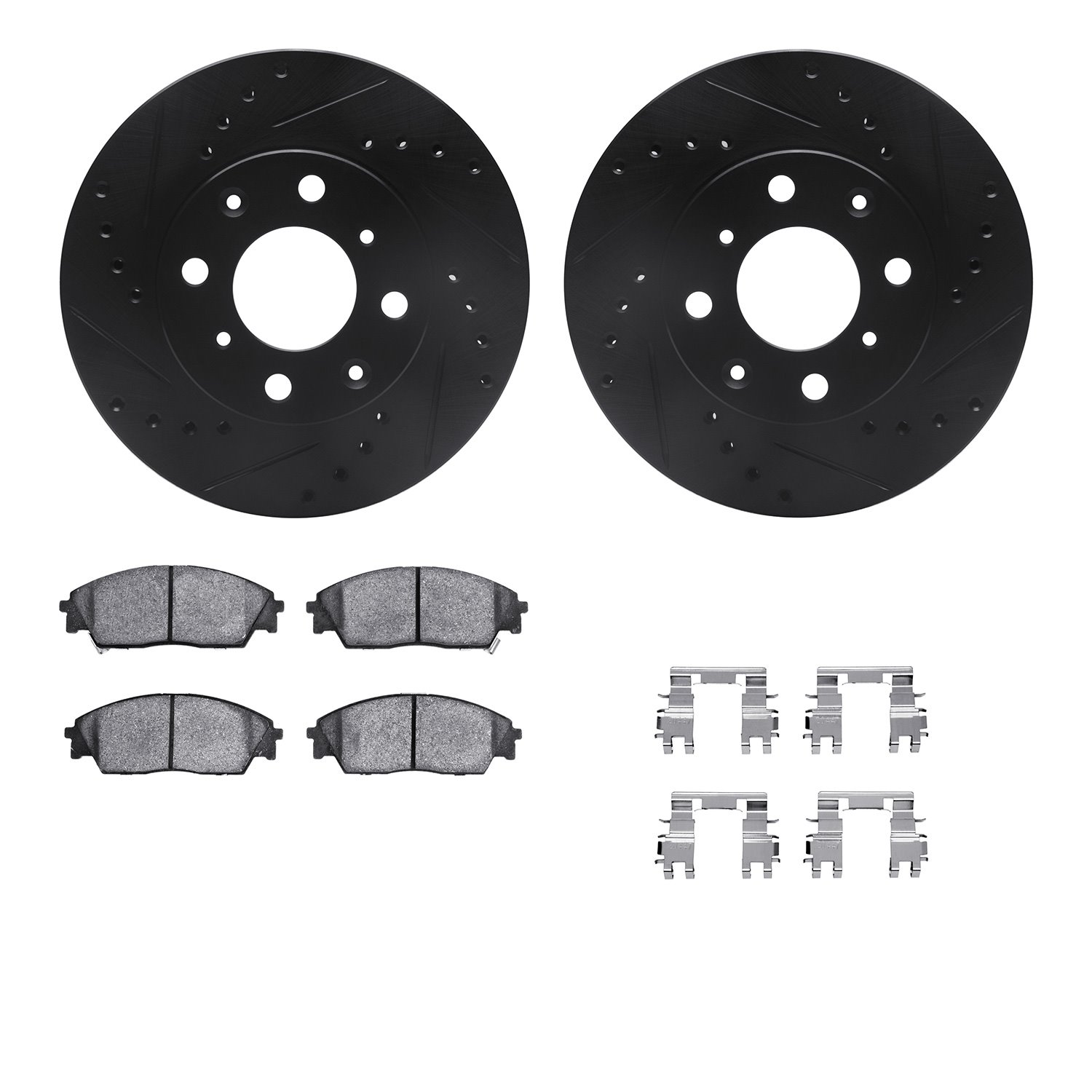 8512-59150 Drilled/Slotted Brake Rotors w/5000 Advanced Brake Pads Kit & Hardware [Black], 1988-1990 Acura/Honda, Position: Fron