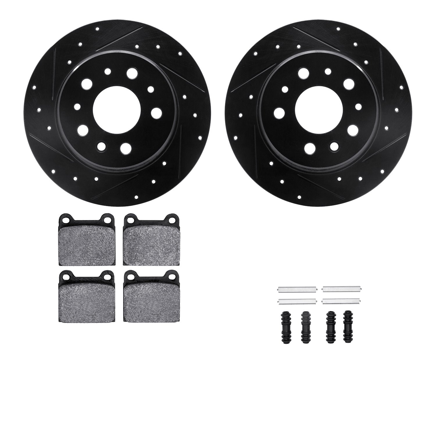 8512-63008 Drilled/Slotted Brake Rotors w/5000 Advanced Brake Pads Kit & Hardware [Black], 1967-1991 Mercedes-Benz, Position: Re