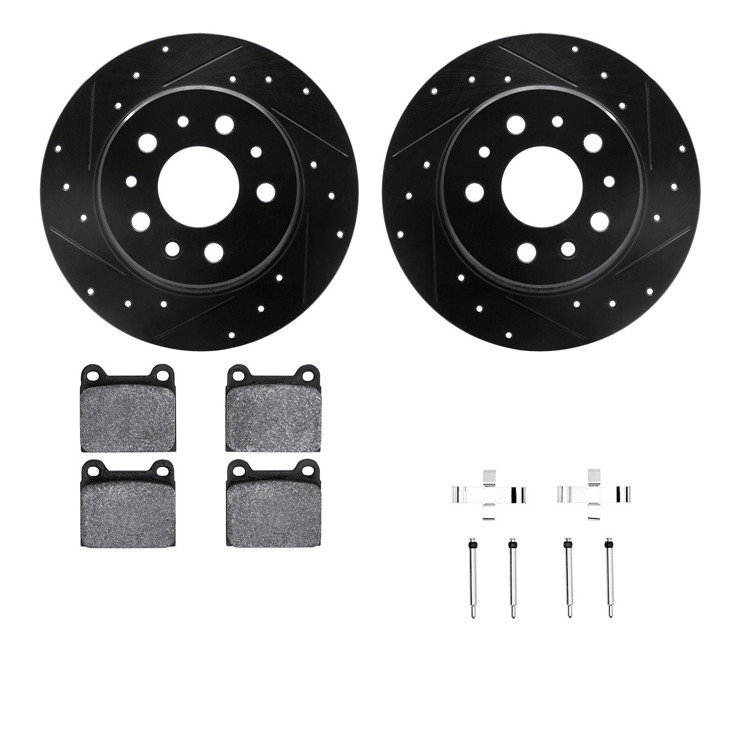 8512-63010 Drilled/Slotted Brake Rotors w/5000 Advanced Brake Pads Kit & Hardware [Black], 1961-1991 Mercedes-Benz, Position: Re