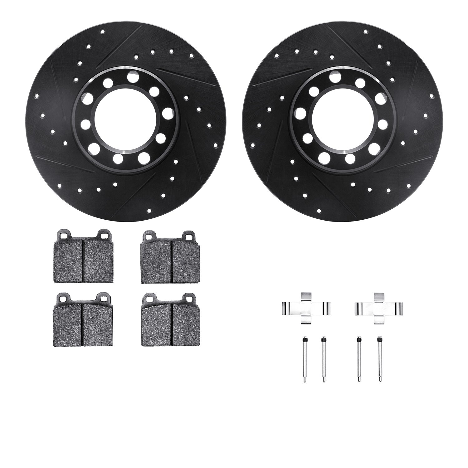 8512-63014 Drilled/Slotted Brake Rotors w/5000 Advanced Brake Pads Kit & Hardware [Black], 1968-1976 Mercedes-Benz, Position: Fr