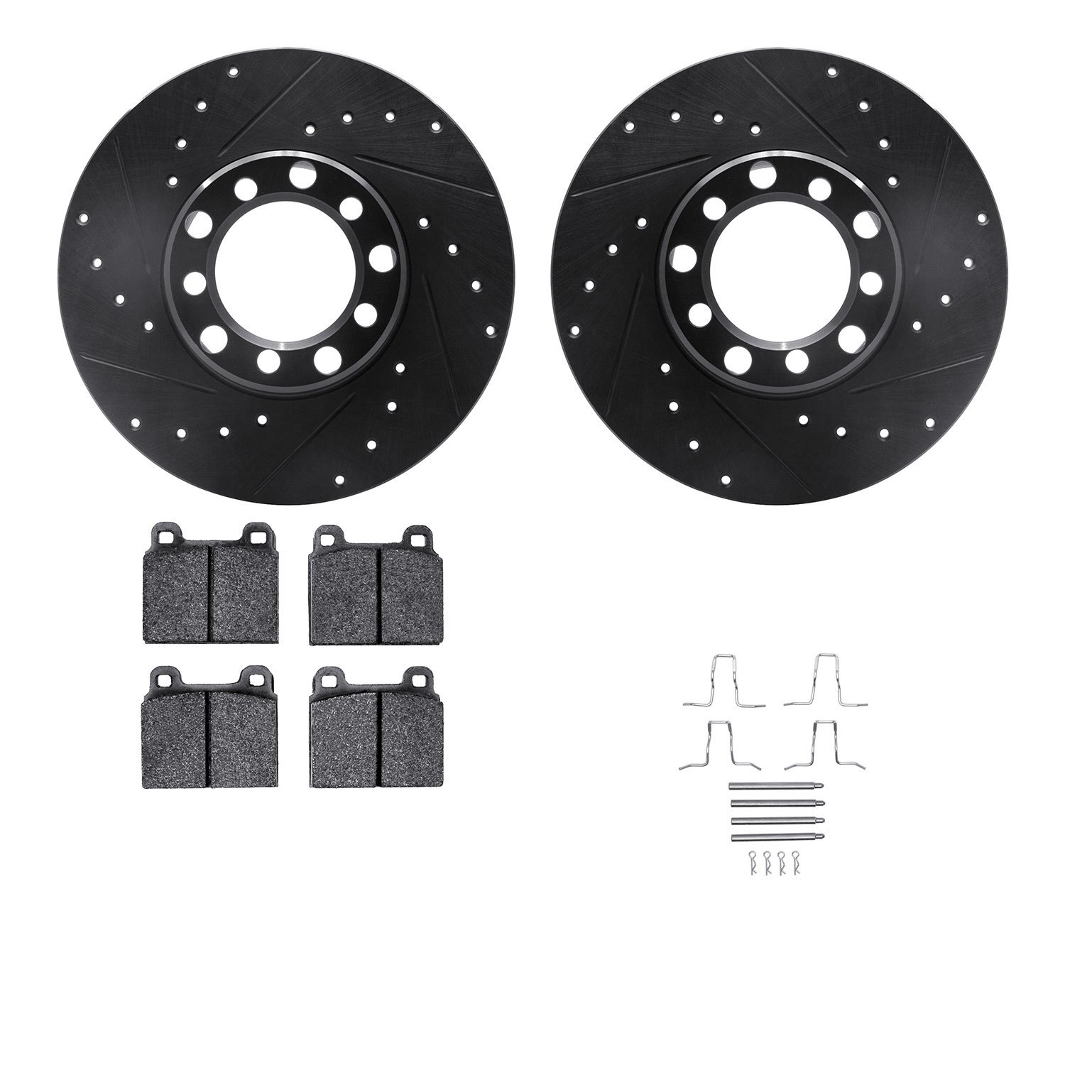 8512-63015 Drilled/Slotted Brake Rotors w/5000 Advanced Brake Pads Kit & Hardware [Black], 1968-1976 Mercedes-Benz, Position: Fr
