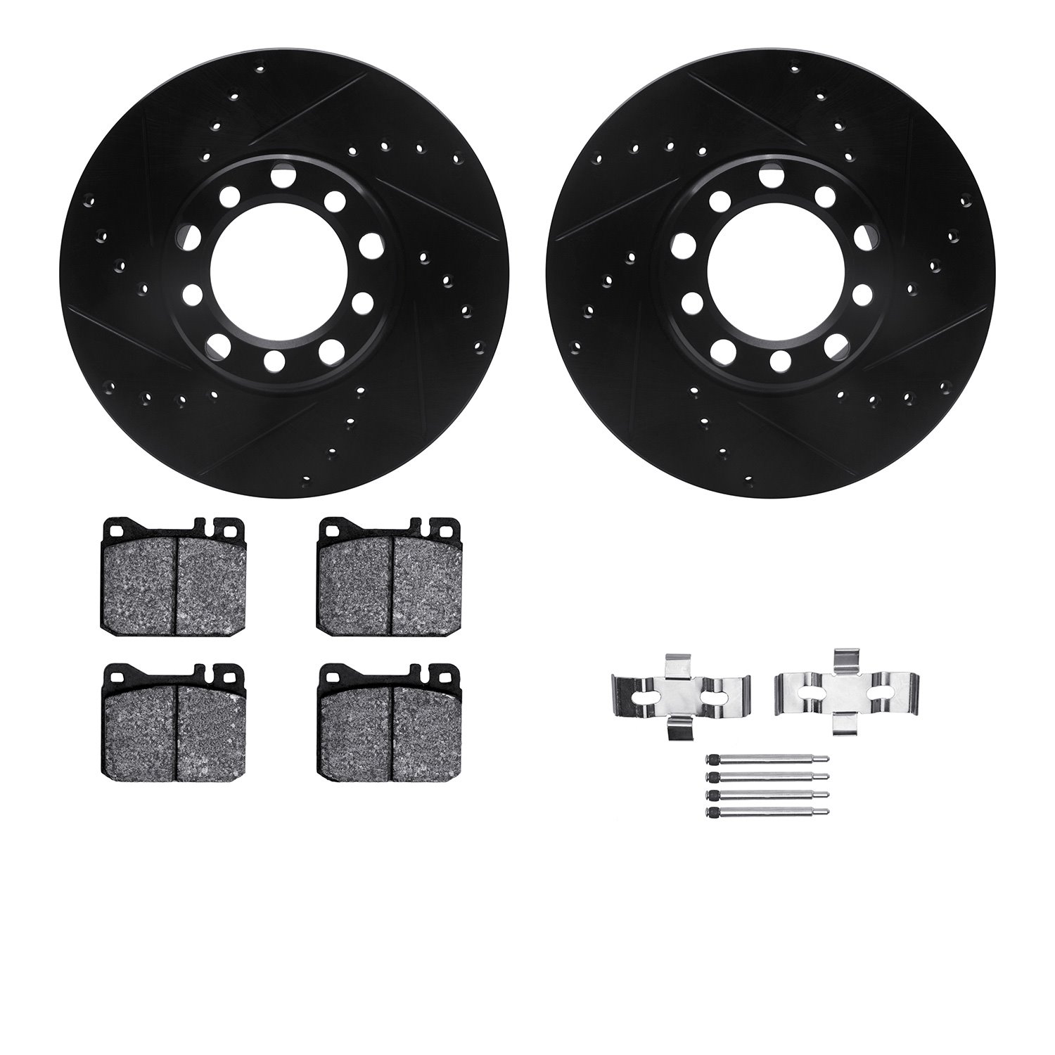 8512-63018 Drilled/Slotted Brake Rotors w/5000 Advanced Brake Pads Kit & Hardware [Black], 1972-1979 Mercedes-Benz, Position: Fr