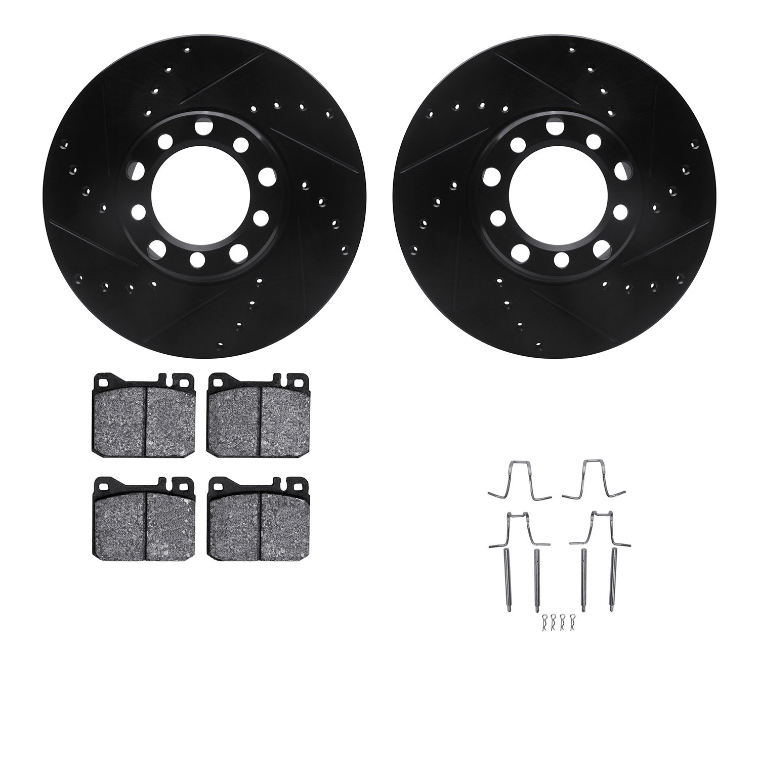 8512-63020 Drilled/Slotted Brake Rotors w/5000 Advanced Brake Pads Kit & Hardware [Black], 1973-1979 Mercedes-Benz, Position: Fr
