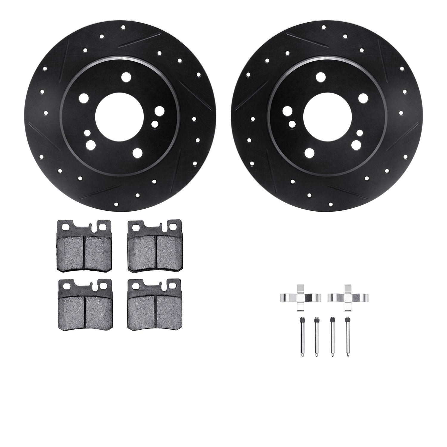 8512-63023 Drilled/Slotted Brake Rotors w/5000 Advanced Brake Pads Kit & Hardware [Black], 1987-2000 Mercedes-Benz, Position: Re