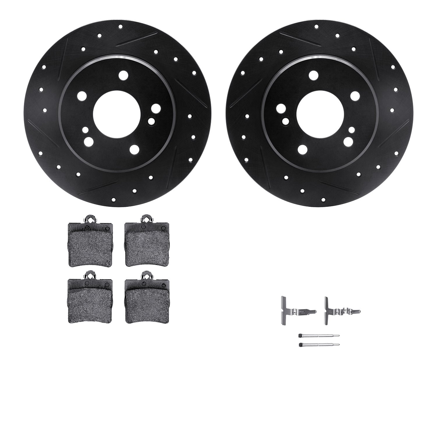 8512-63024 Drilled/Slotted Brake Rotors w/5000 Advanced Brake Pads Kit & Hardware [Black], 1996-2015 Multiple Makes/Models, Posi