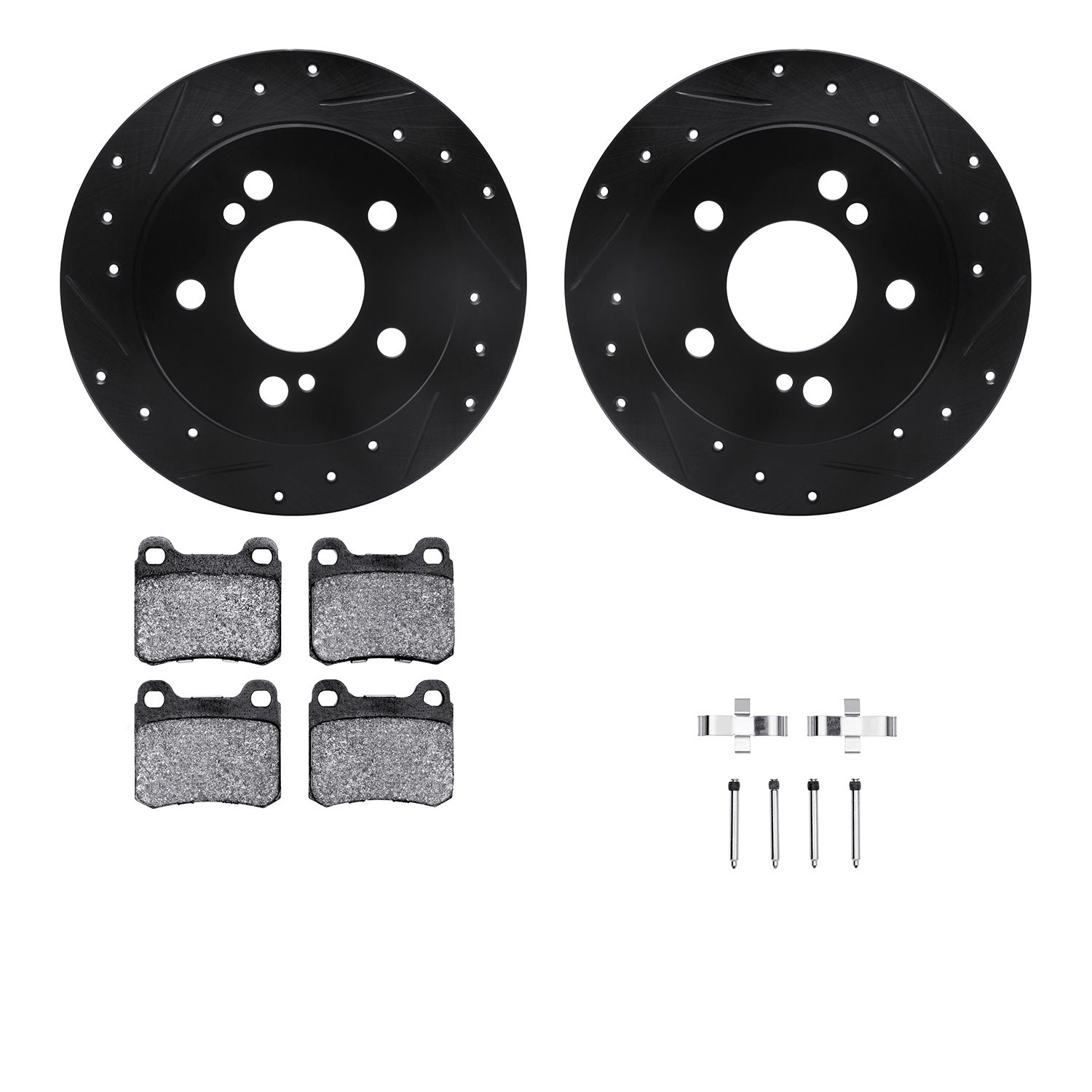 8512-63027 Drilled/Slotted Brake Rotors w/5000 Advanced Brake Pads Kit & Hardware [Black], 1984-1989 Mercedes-Benz, Position: Re