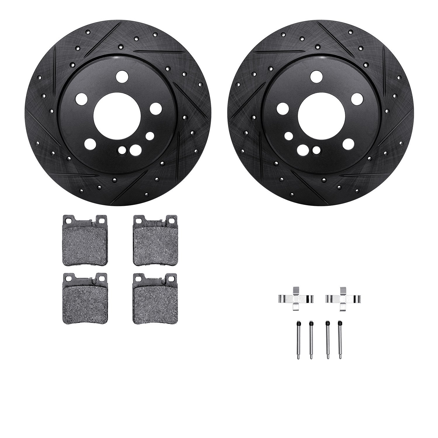 8512-63031 Drilled/Slotted Brake Rotors w/5000 Advanced Brake Pads Kit & Hardware [Black], 1991-1999 Mercedes-Benz, Position: Re