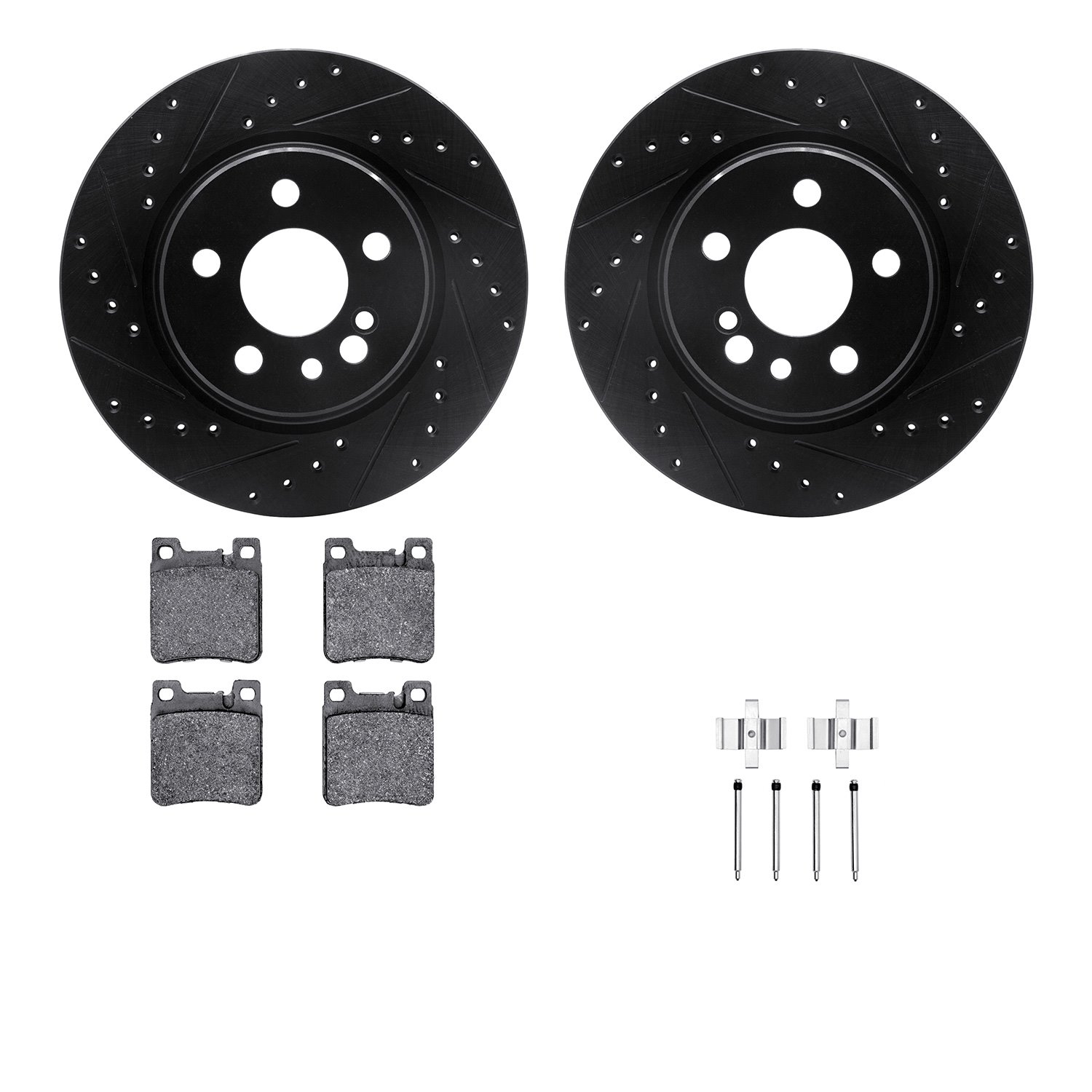 8512-63032 Drilled/Slotted Brake Rotors w/5000 Advanced Brake Pads Kit & Hardware [Black], 1992-1999 Mercedes-Benz, Position: Re