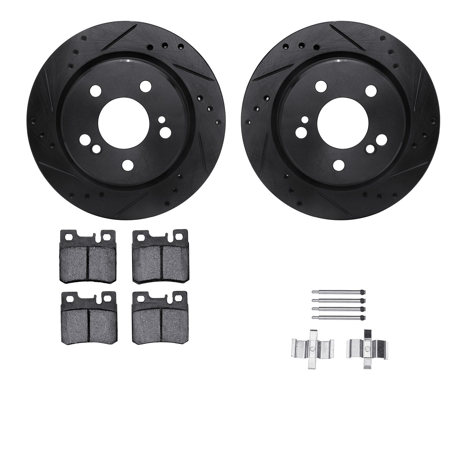 8512-63034 Drilled/Slotted Brake Rotors w/5000 Advanced Brake Pads Kit & Hardware [Black], 1992-1995 Mercedes-Benz, Position: Re