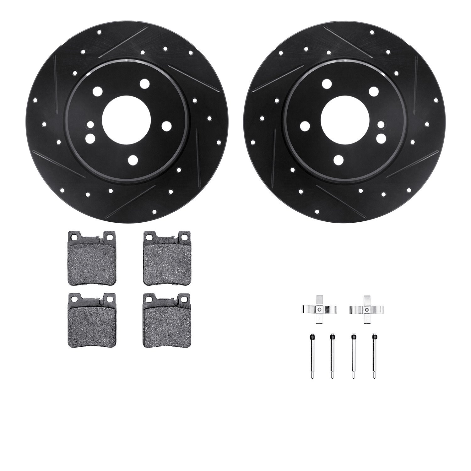 8512-63040 Drilled/Slotted Brake Rotors w/5000 Advanced Brake Pads Kit & Hardware [Black], 1994-2000 Mercedes-Benz, Position: Re