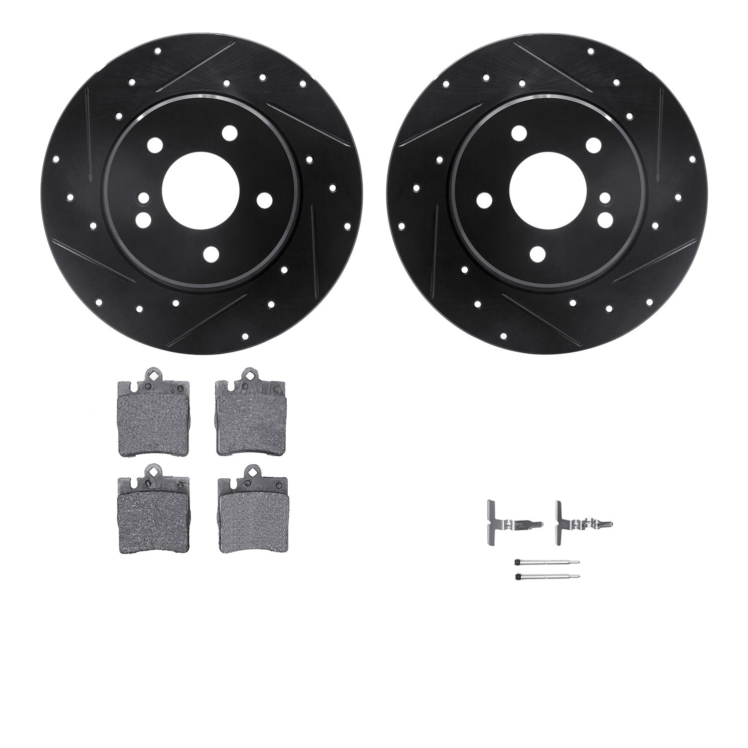8512-63041 Drilled/Slotted Brake Rotors w/5000 Advanced Brake Pads Kit & Hardware [Black], 1996-2011 Mercedes-Benz, Position: Re