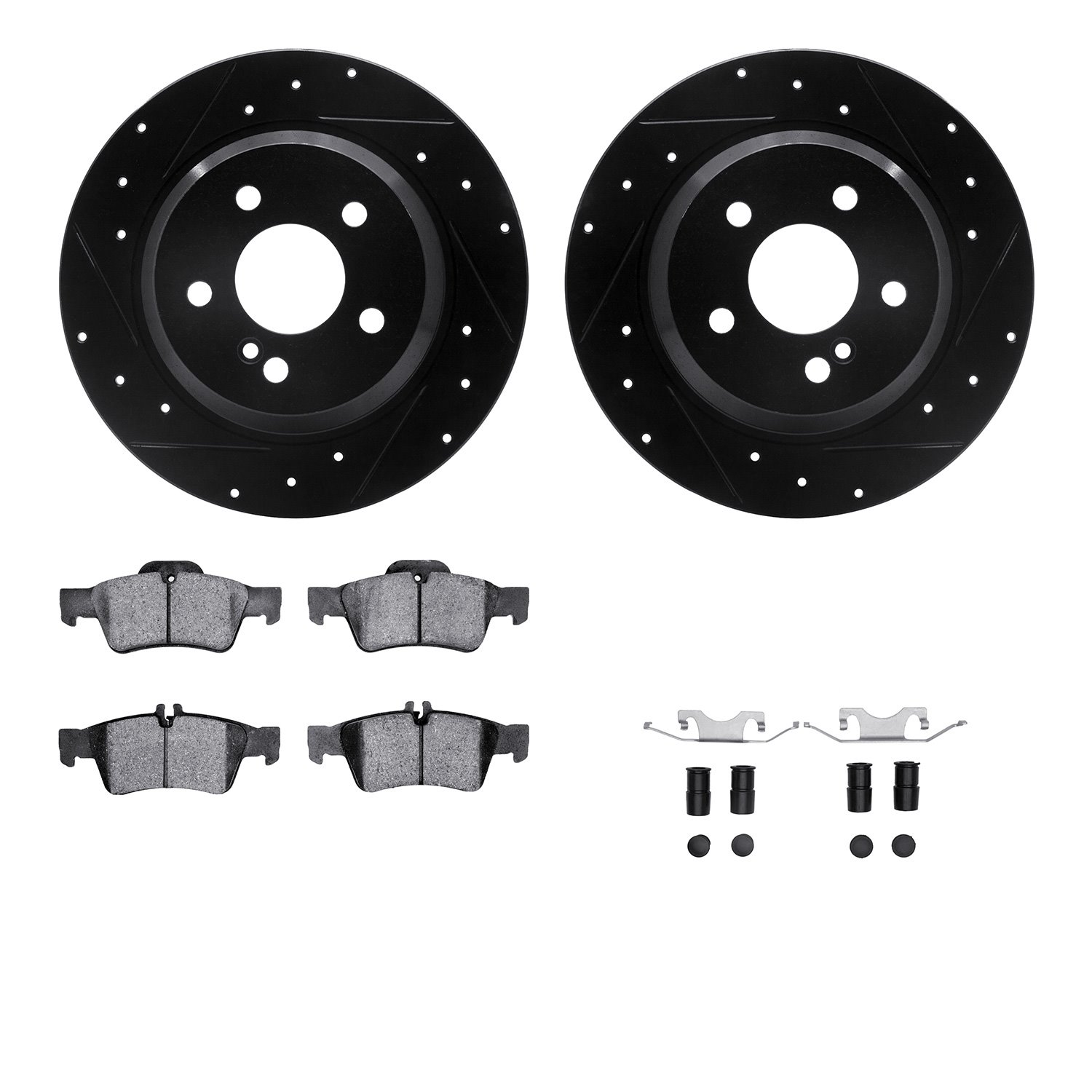 8512-63050 Drilled/Slotted Brake Rotors w/5000 Advanced Brake Pads Kit & Hardware [Black], 2014-2016 Mercedes-Benz, Position: Re