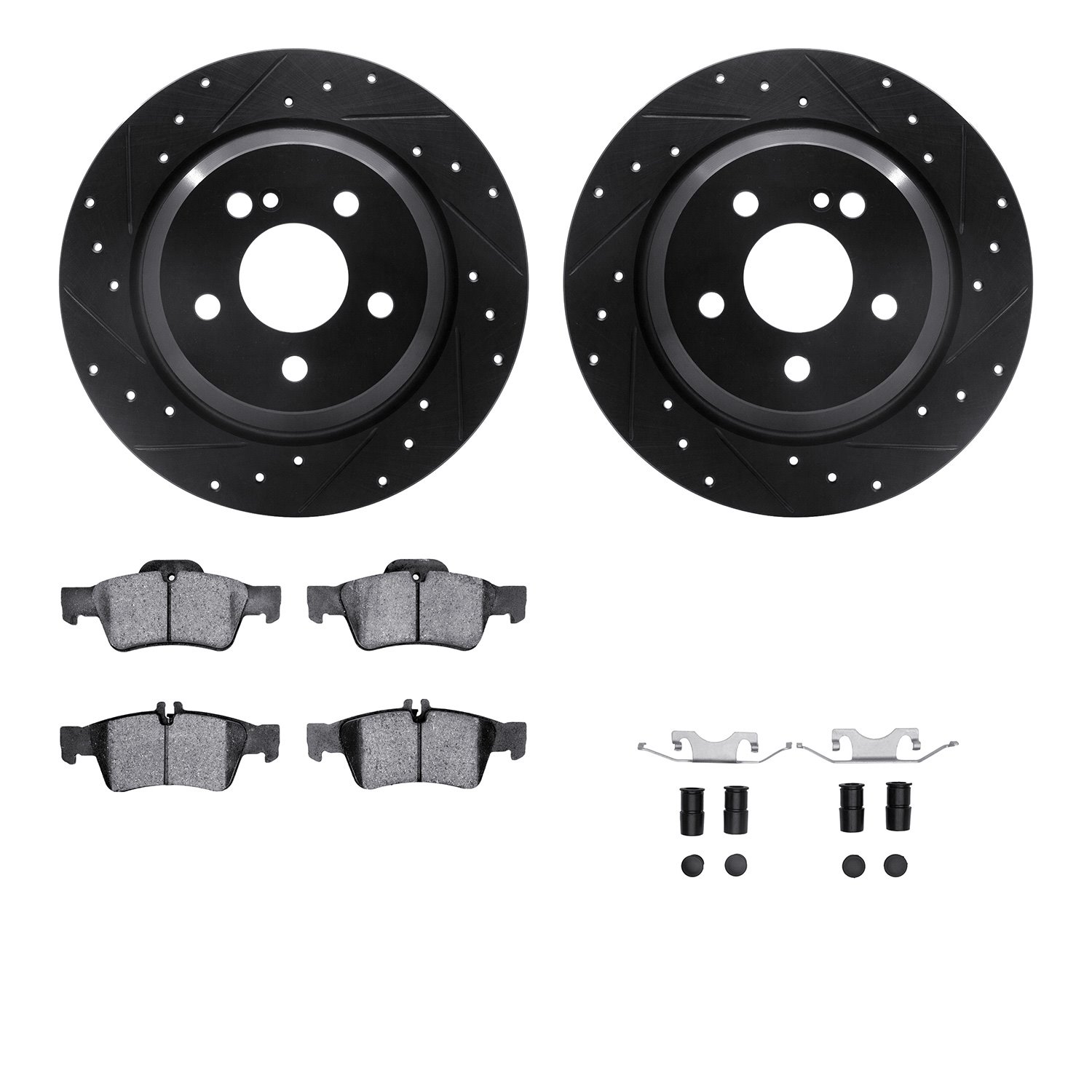 8512-63056 Drilled/Slotted Brake Rotors w/5000 Advanced Brake Pads Kit & Hardware [Black], 2009-2013 Mercedes-Benz, Position: Re
