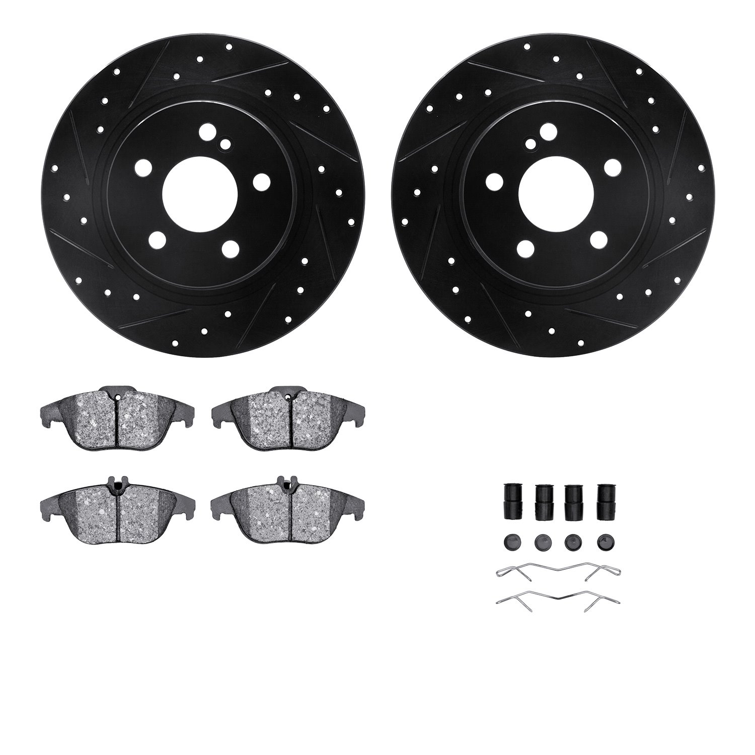 8512-63057 Drilled/Slotted Brake Rotors w/5000 Advanced Brake Pads Kit & Hardware [Black], 2010-2015 Mercedes-Benz, Position: Re