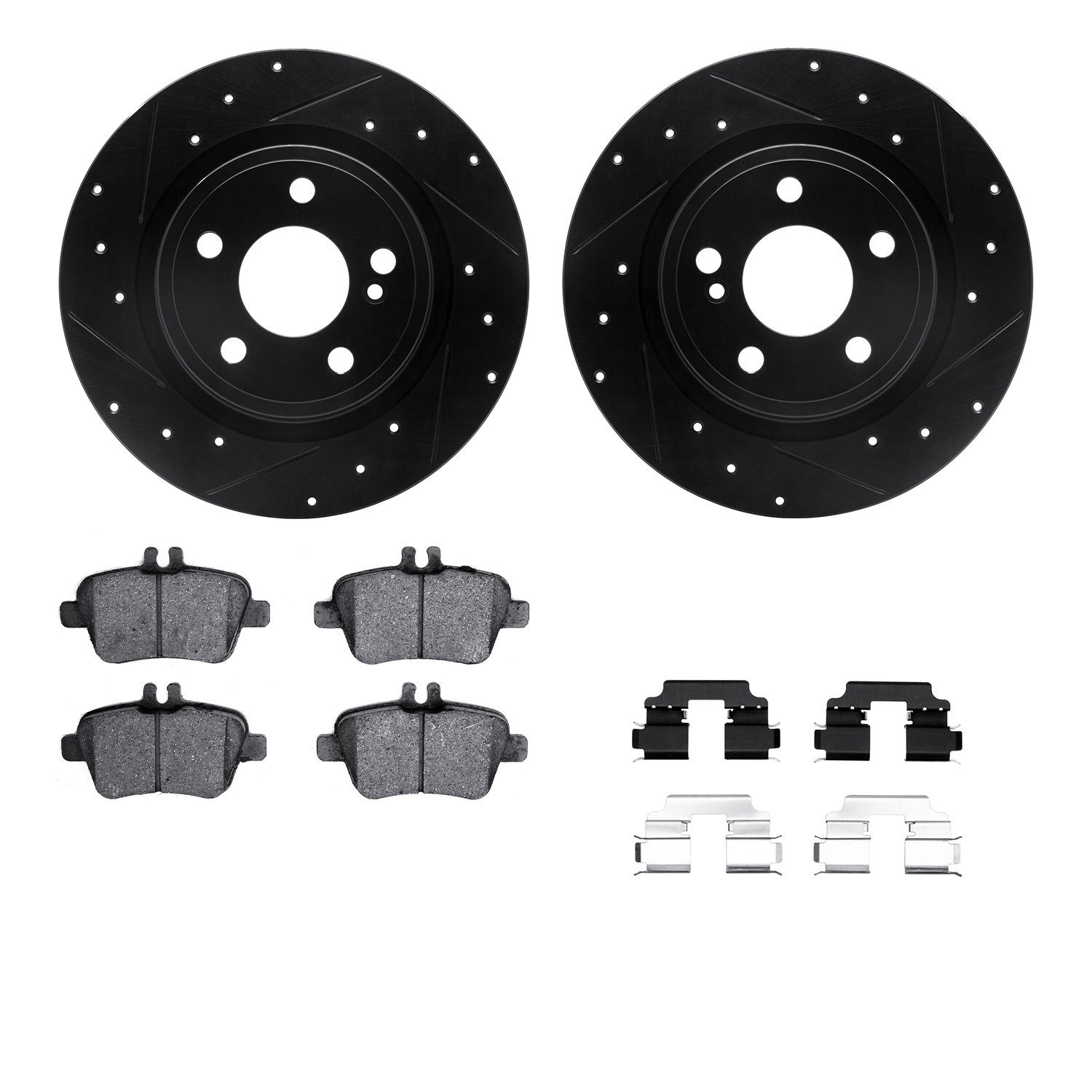 8512-63065 Drilled/Slotted Brake Rotors w/5000 Advanced Brake Pads Kit & Hardware [Black], 2015-2020 Multiple Makes/Models, Posi