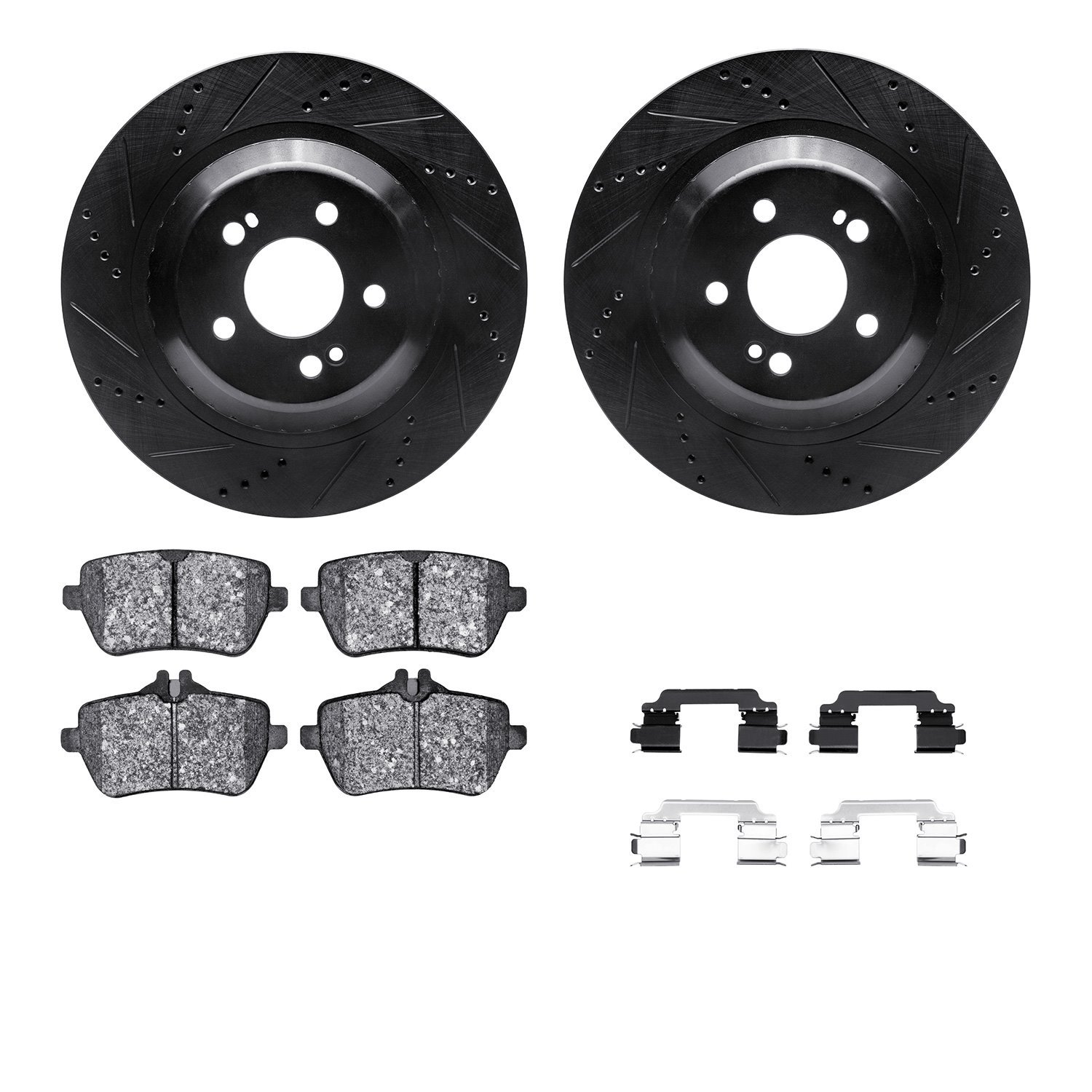 8512-63068 Drilled/Slotted Brake Rotors w/5000 Advanced Brake Pads Kit & Hardware [Black], 2014-2021 Mercedes-Benz, Position: Re