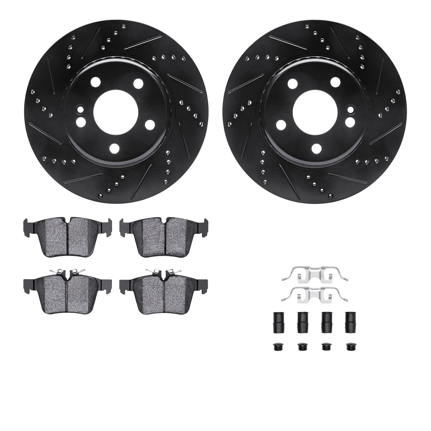 8512-63069 Drilled/Slotted Brake Rotors w/5000 Advanced Brake Pads Kit & Hardware [Black], Fits Select Mercedes-Benz, Position: