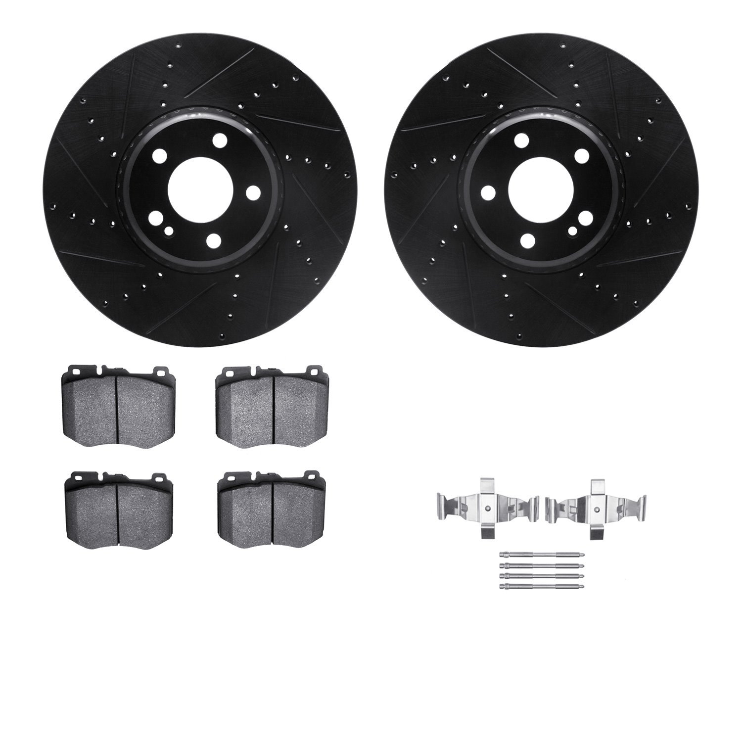 8512-63071 Drilled/Slotted Brake Rotors w/5000 Advanced Brake Pads Kit & Hardware [Black], Fits Select Mercedes-Benz, Position: