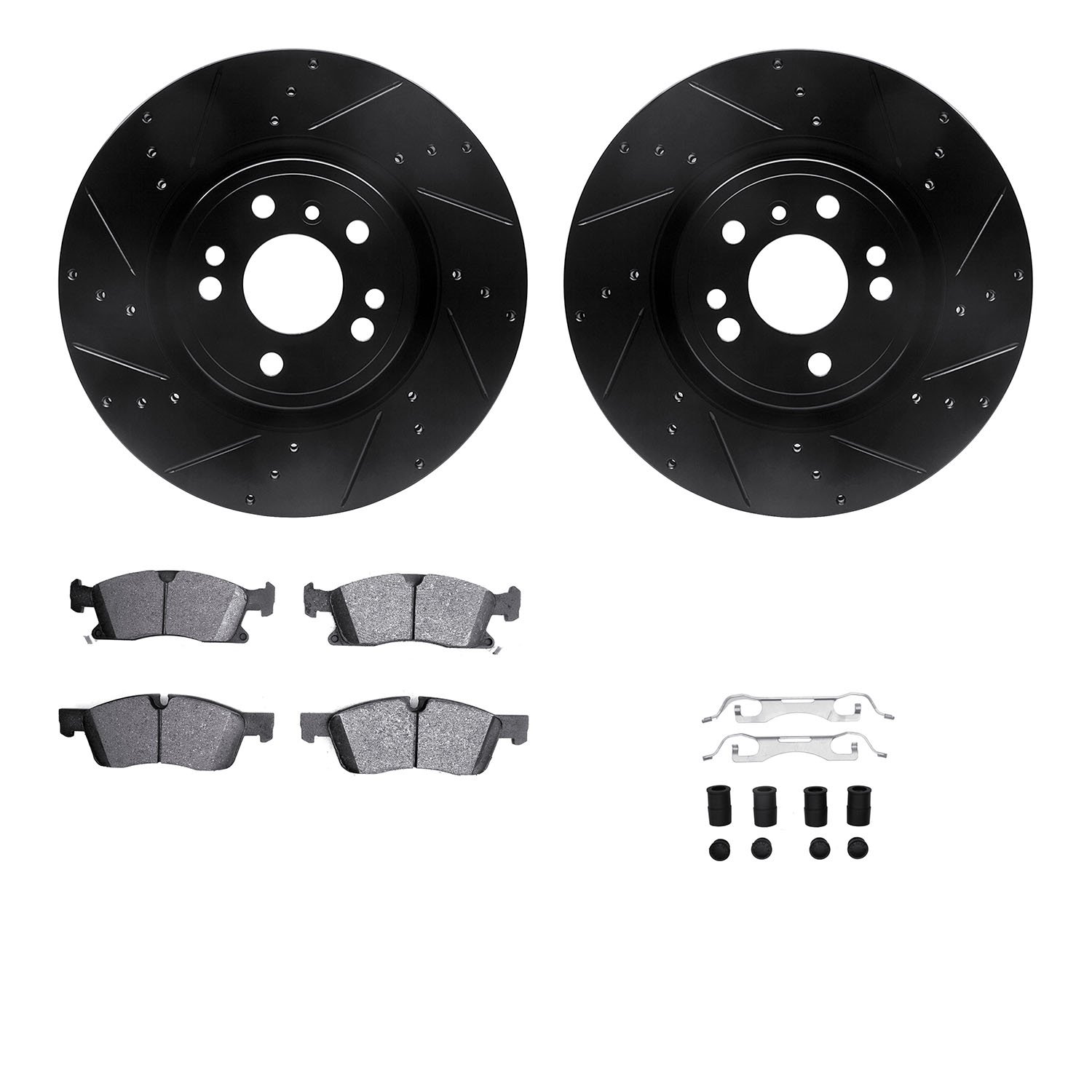 8512-63075 Drilled/Slotted Brake Rotors w/5000 Advanced Brake Pads Kit & Hardware [Black], 2012-2018 Mercedes-Benz, Position: Fr