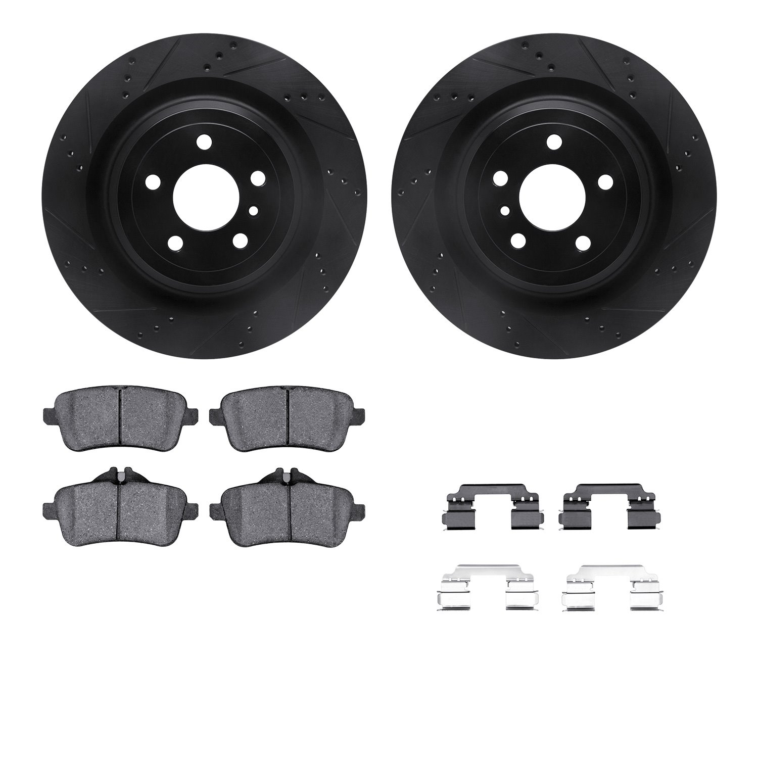 8512-63076 Drilled/Slotted Brake Rotors w/5000 Advanced Brake Pads Kit & Hardware [Black], 2013-2019 Mercedes-Benz, Position: Re