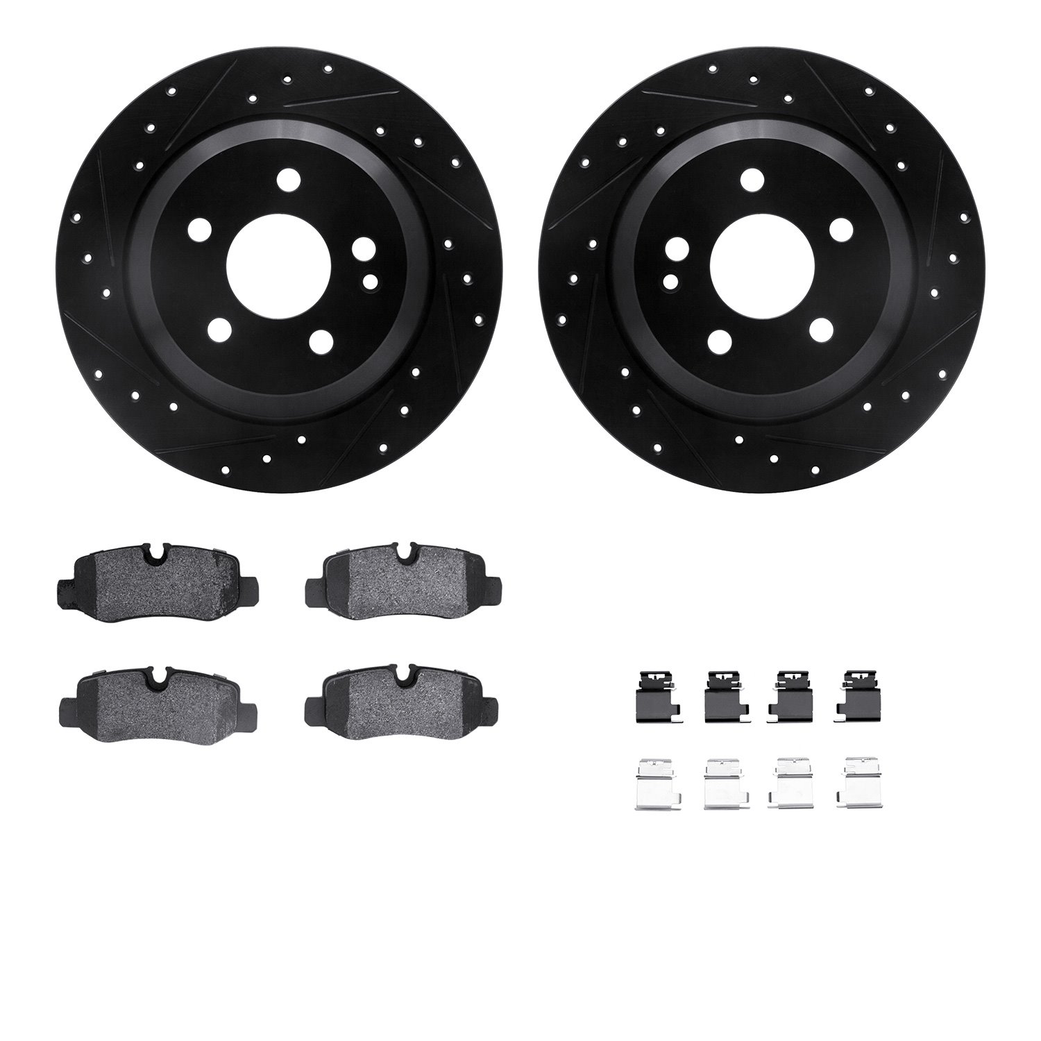 8512-63078 Drilled/Slotted Brake Rotors w/5000 Advanced Brake Pads Kit & Hardware [Black], Fits Select Mercedes-Benz, Position: