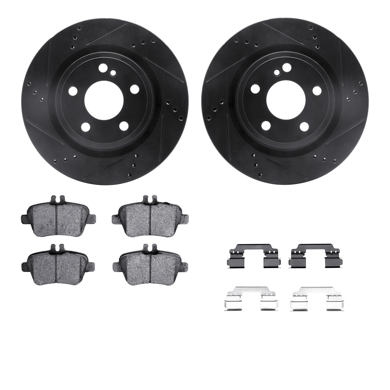 8512-63080 Drilled/Slotted Brake Rotors w/5000 Advanced Brake Pads Kit & Hardware [Black], 2014-2015 Mercedes-Benz, Position: Re