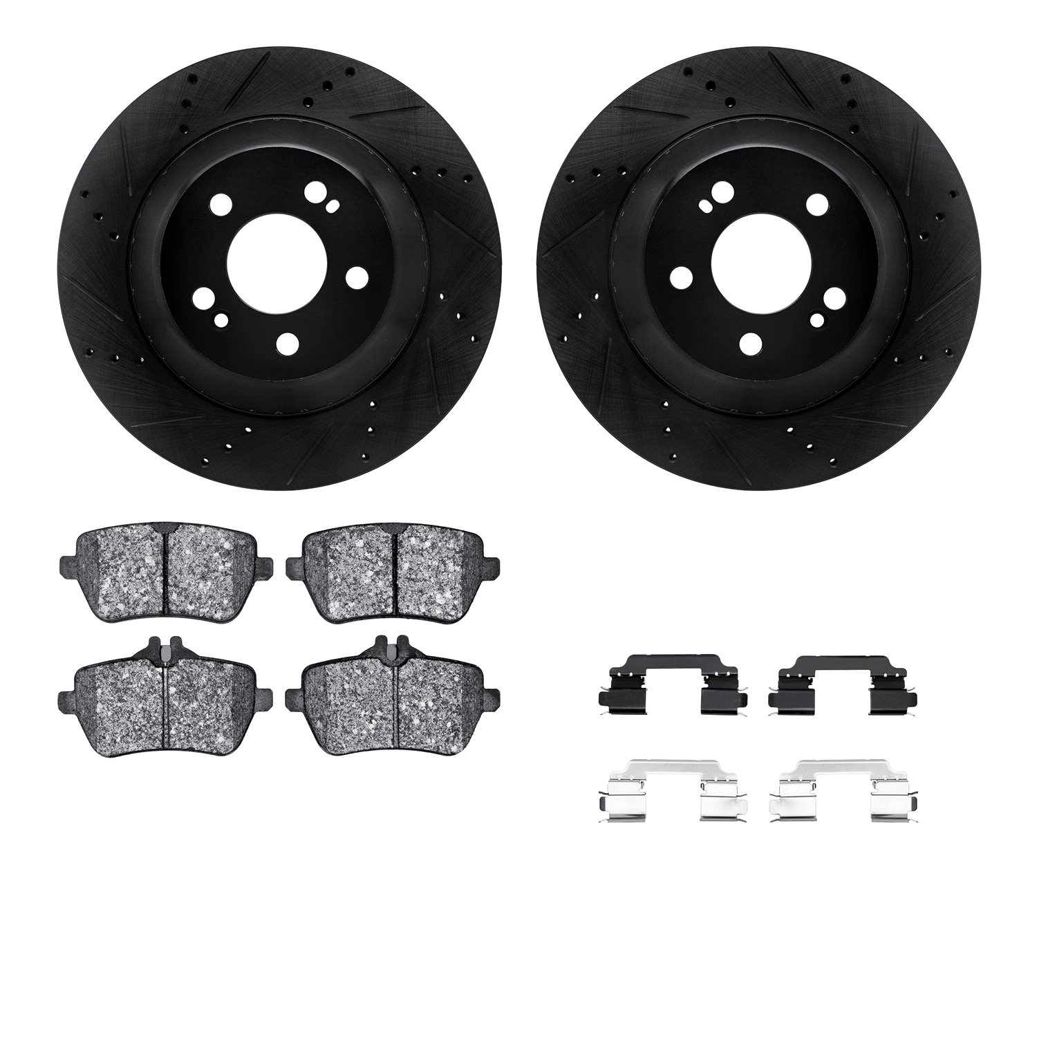 8512-63081 Drilled/Slotted Brake Rotors w/5000 Advanced Brake Pads Kit & Hardware [Black], 2015-2021 Mercedes-Benz, Position: Re