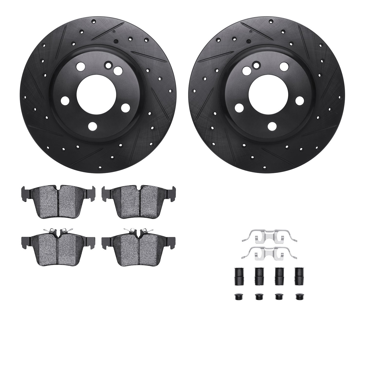 8512-63082 Drilled/Slotted Brake Rotors w/5000 Advanced Brake Pads Kit & Hardware [Black], 2015-2021 Mercedes-Benz, Position: Re