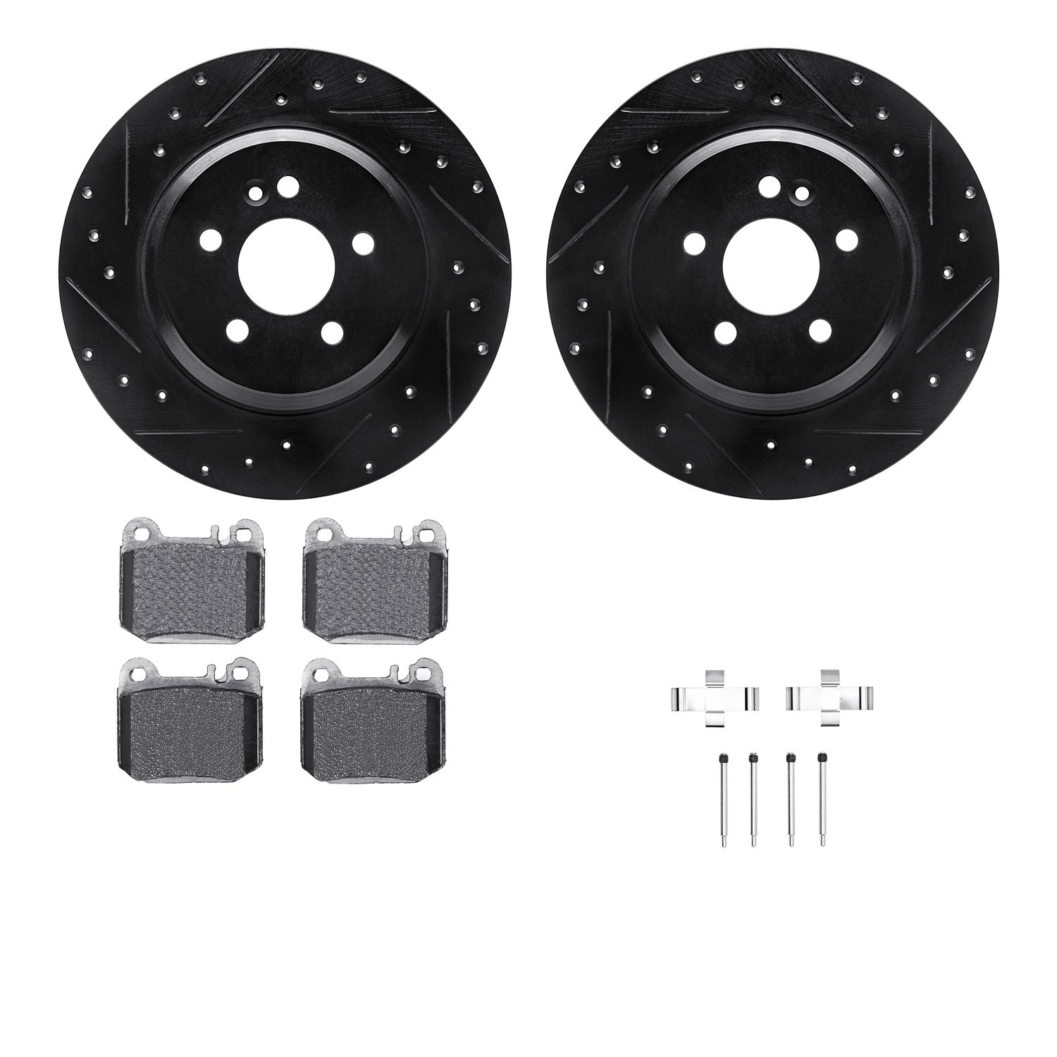 8512-63083 Drilled/Slotted Brake Rotors w/5000 Advanced Brake Pads Kit & Hardware [Black], 2000-2005 Mercedes-Benz, Position: Re