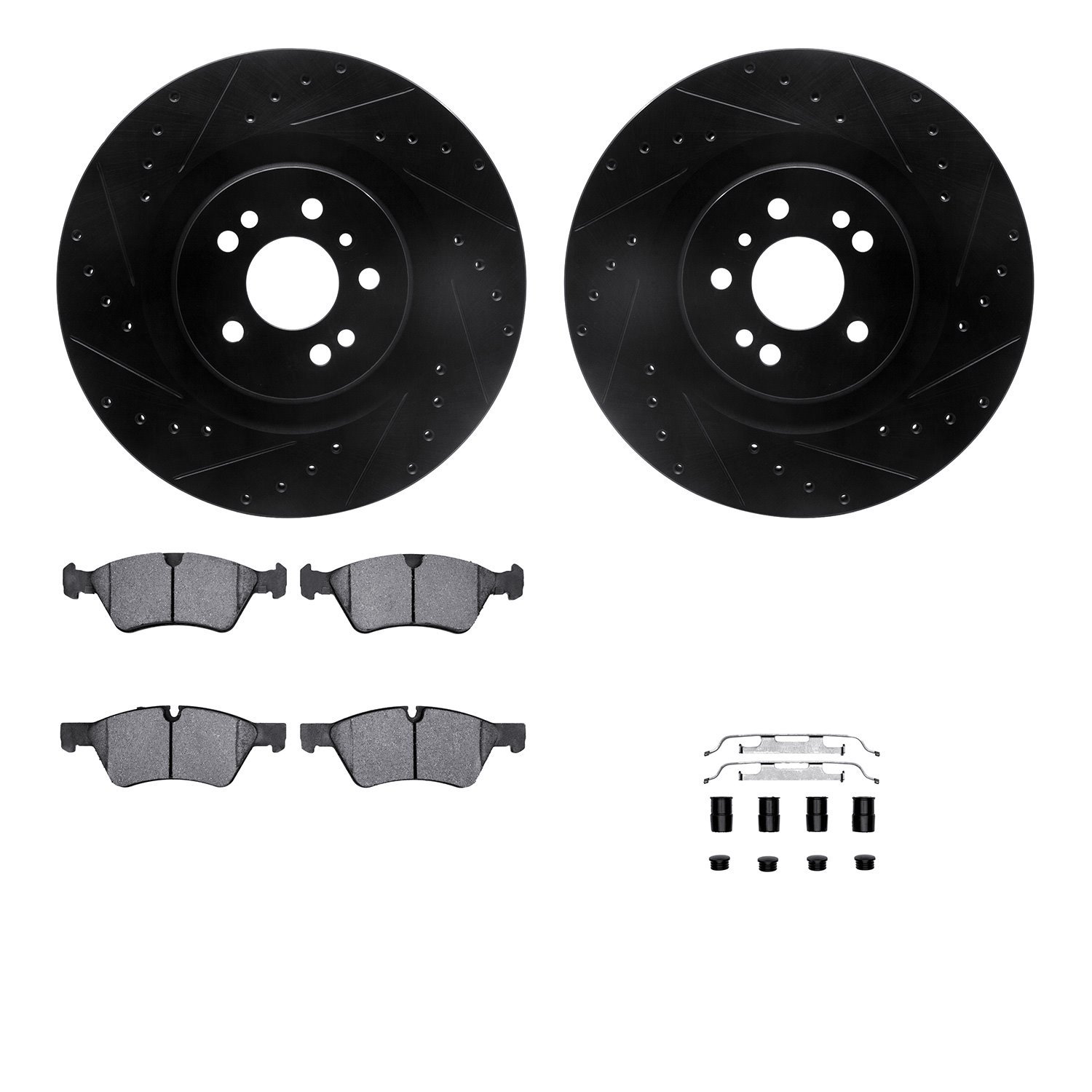 8512-63111 Drilled/Slotted Brake Rotors w/5000 Advanced Brake Pads Kit & Hardware [Black], 2006-2012 Mercedes-Benz, Position: Fr