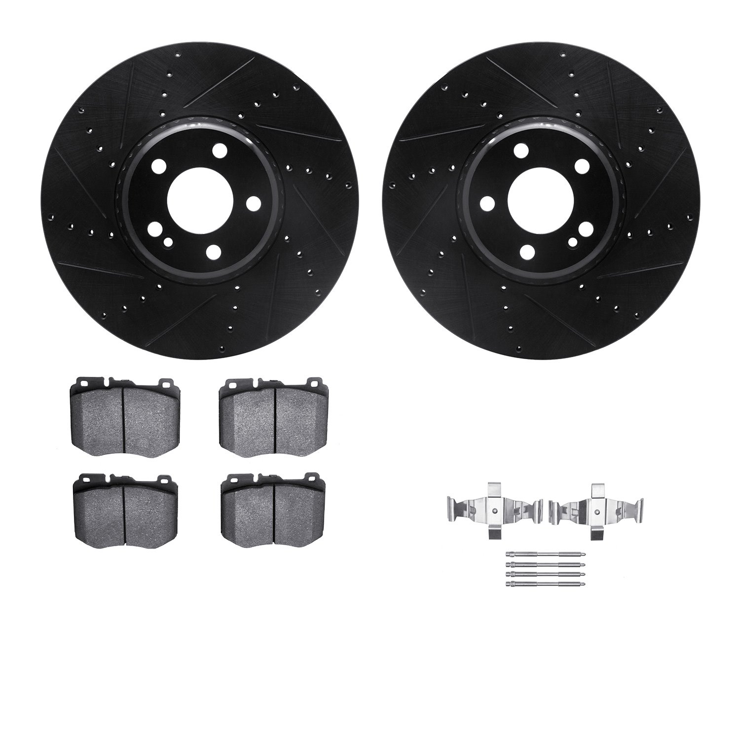 8512-63143 Drilled/Slotted Brake Rotors w/5000 Advanced Brake Pads Kit & Hardware [Black], 2015-2021 Mercedes-Benz, Position: Fr