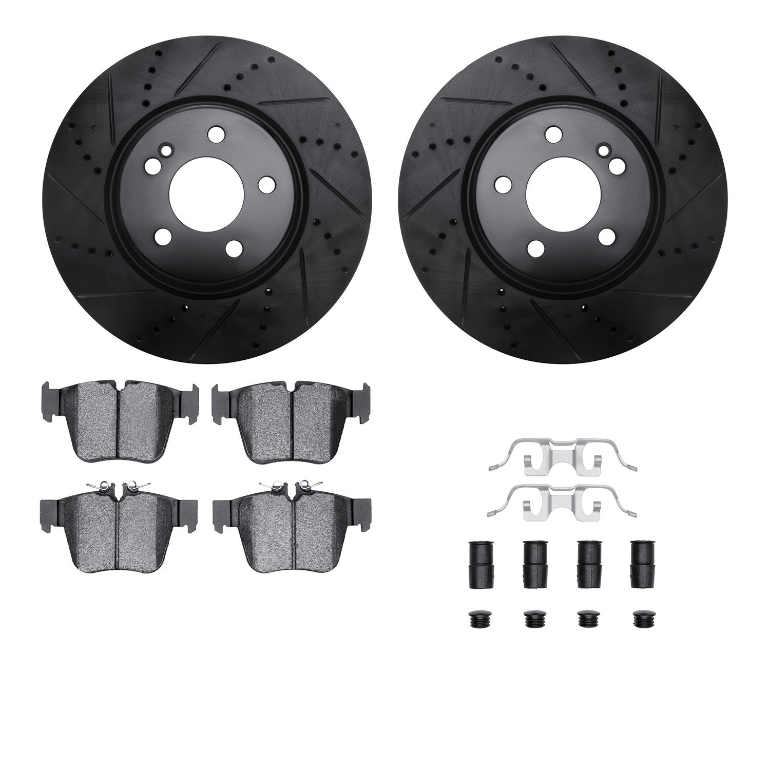 8512-63145 Drilled/Slotted Brake Rotors w/5000 Advanced Brake Pads Kit & Hardware [Black], Fits Select Mercedes-Benz, Position: