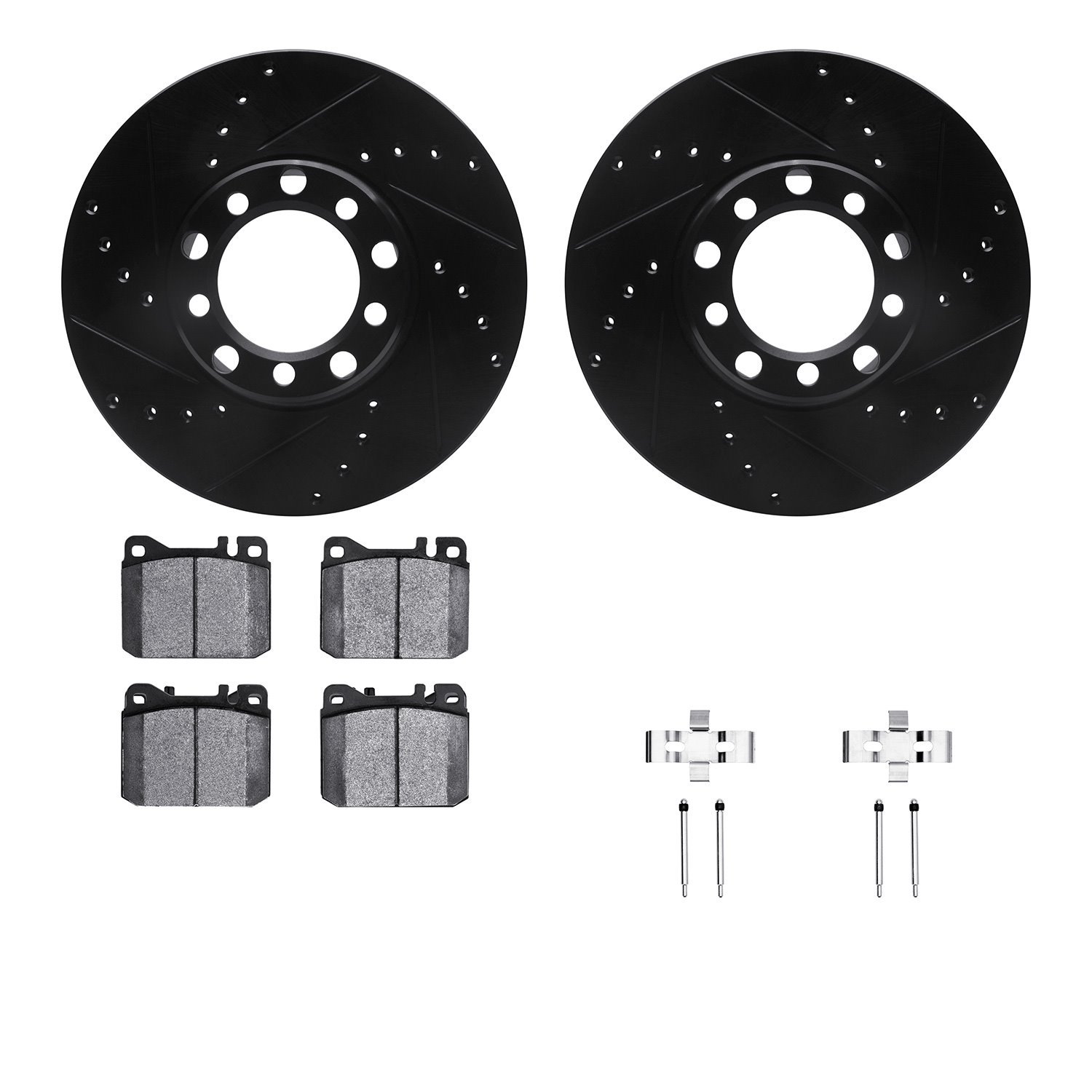 8512-63159 Drilled/Slotted Brake Rotors w/5000 Advanced Brake Pads Kit & Hardware [Black], 1979-1980 Mercedes-Benz, Position: Fr