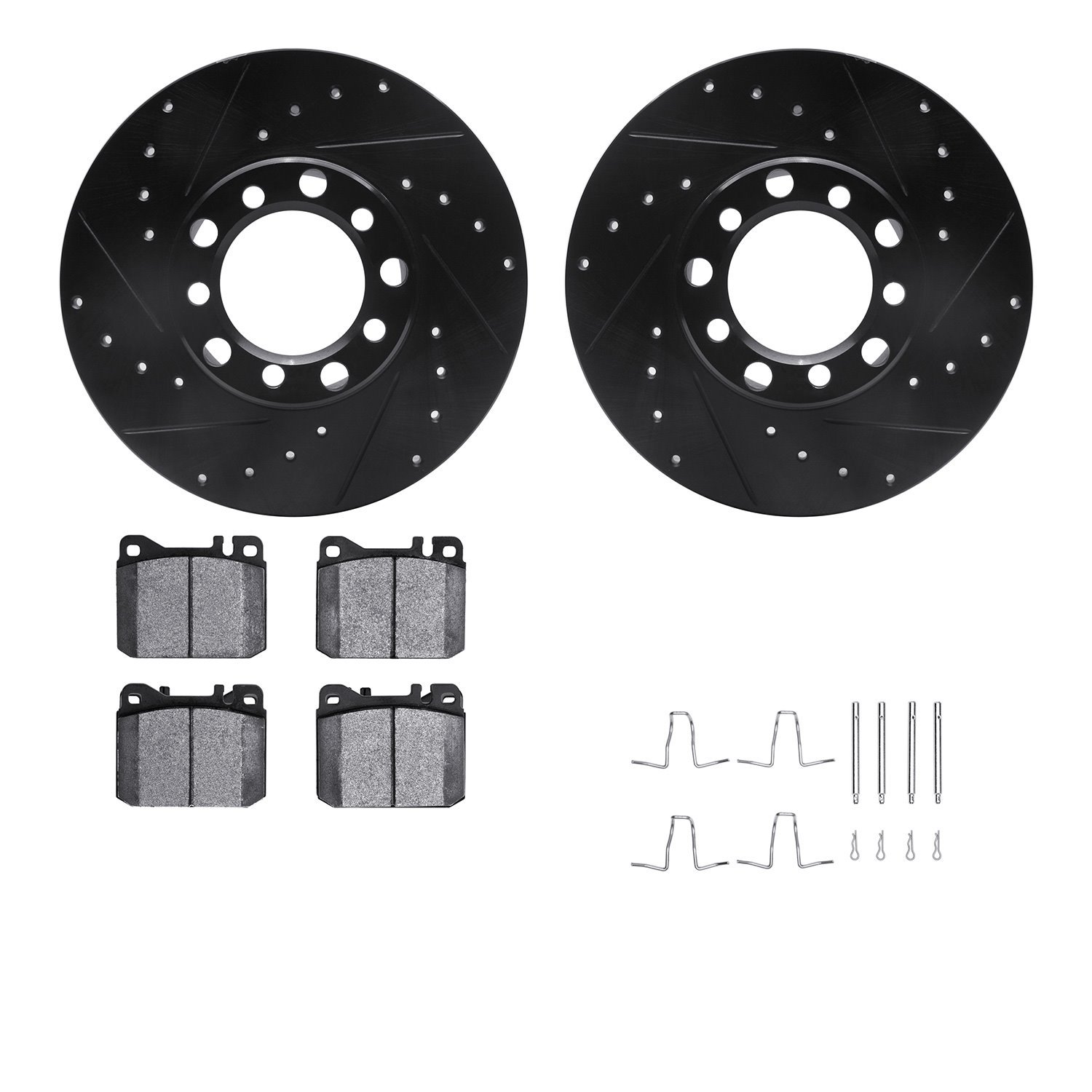 8512-63168 Drilled/Slotted Brake Rotors w/5000 Advanced Brake Pads Kit & Hardware [Black], 1979-1985 Mercedes-Benz, Position: Fr