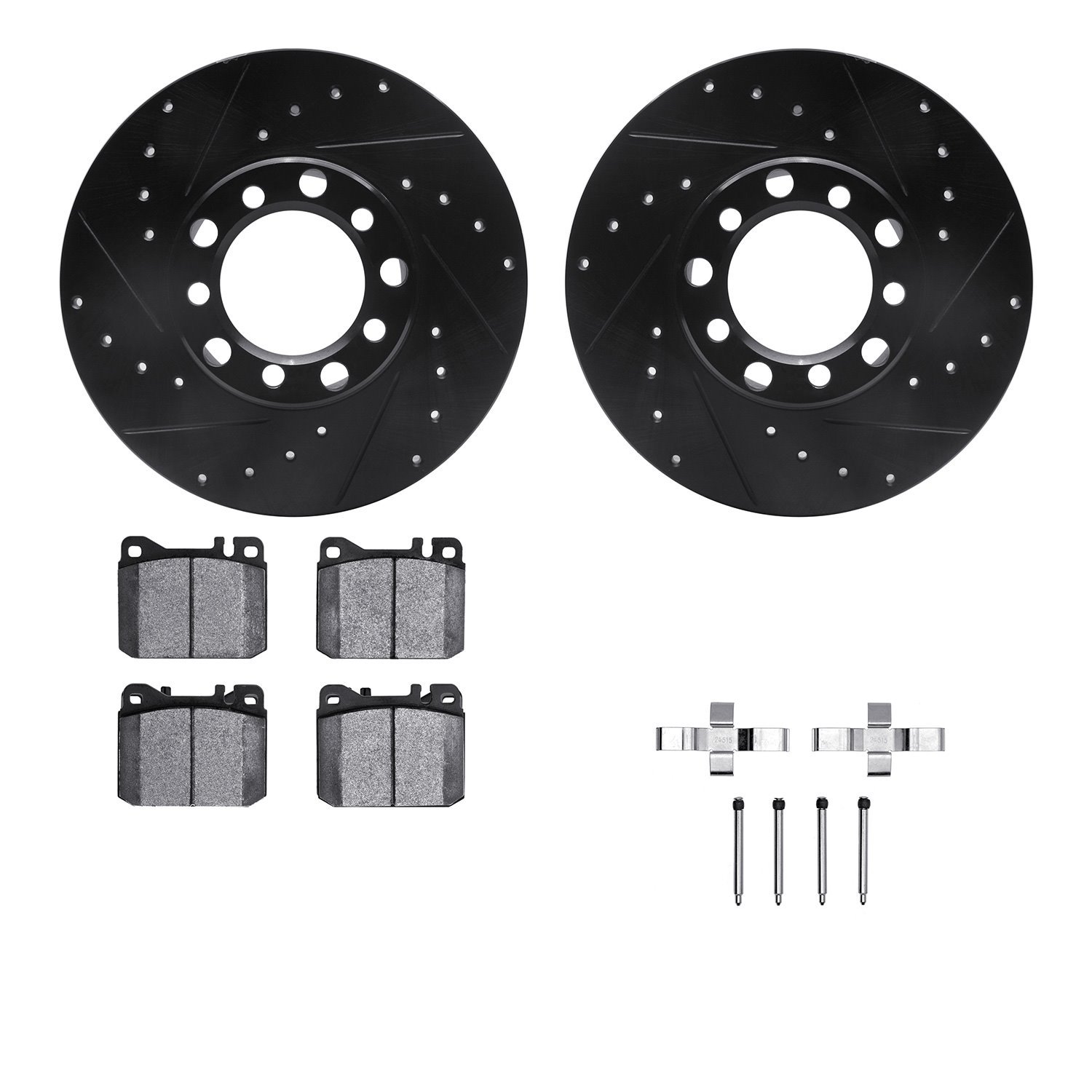 8512-63169 Drilled/Slotted Brake Rotors w/5000 Advanced Brake Pads Kit & Hardware [Black], 1979-1985 Mercedes-Benz, Position: Fr