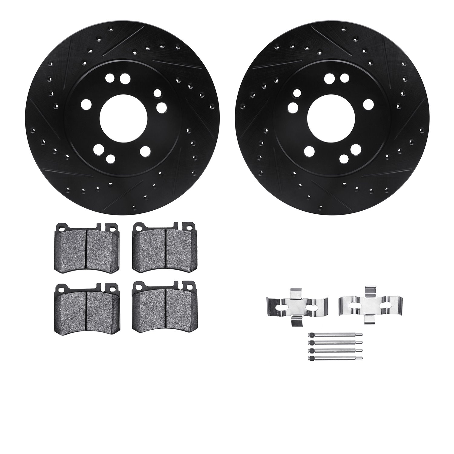 8512-63195 Drilled/Slotted Brake Rotors w/5000 Advanced Brake Pads Kit & Hardware [Black], 1986-1989 Mercedes-Benz, Position: Fr