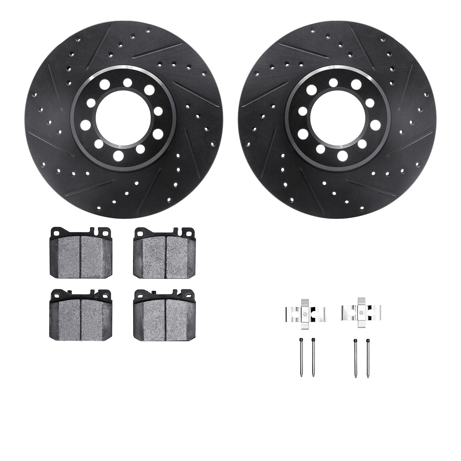 8512-63200 Drilled/Slotted Brake Rotors w/5000 Advanced Brake Pads Kit & Hardware [Black], 1985-1991 Mercedes-Benz, Position: Fr