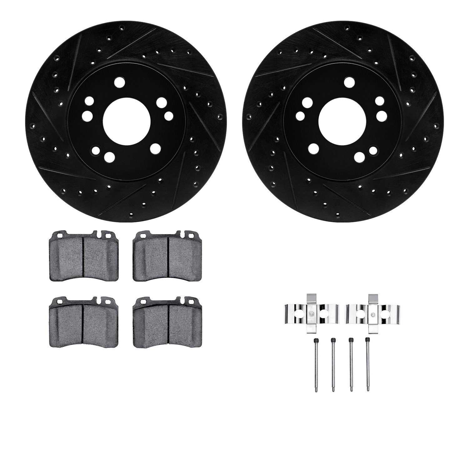 8512-63209 Drilled/Slotted Brake Rotors w/5000 Advanced Brake Pads Kit & Hardware [Black], 1990-1995 Mercedes-Benz, Position: Fr