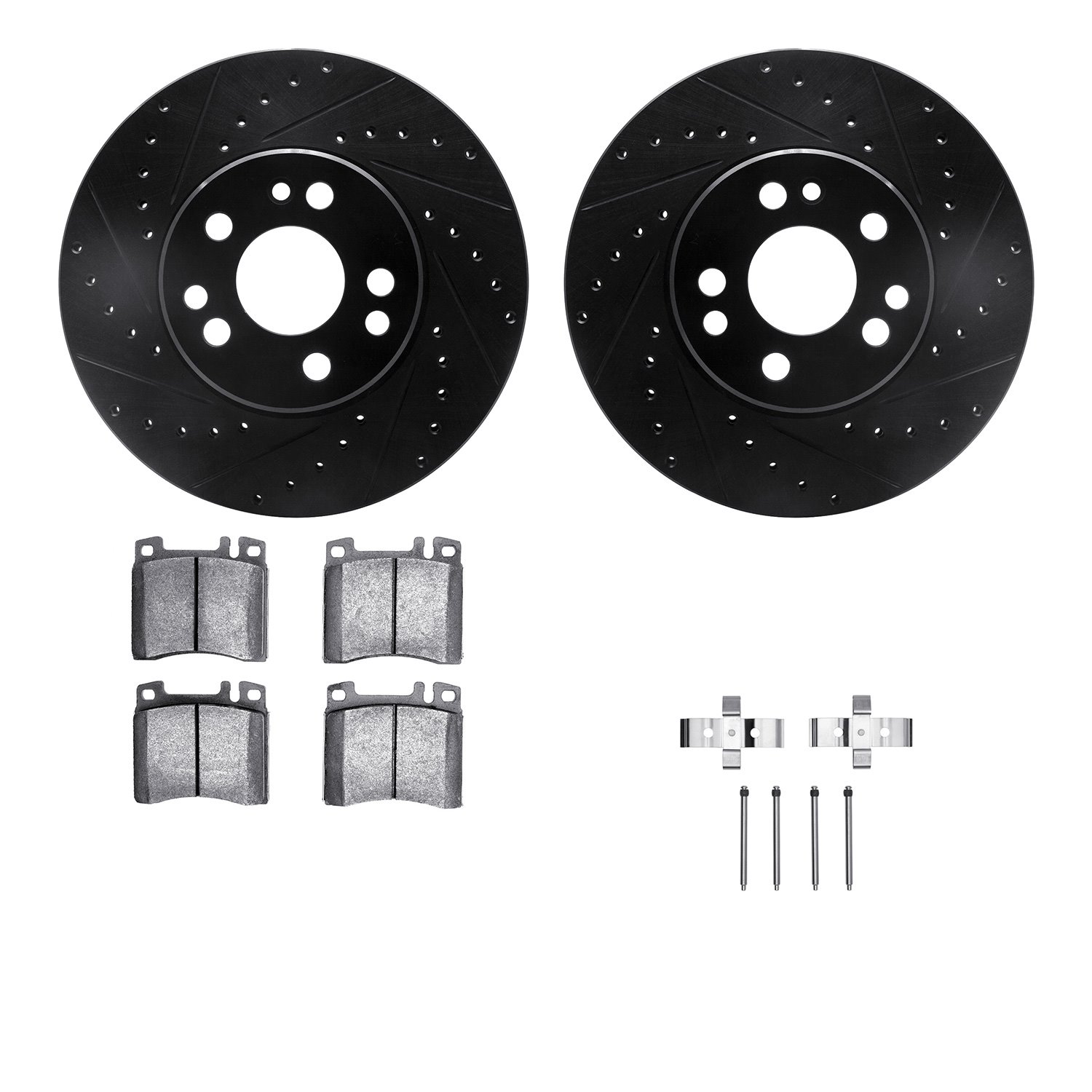 8512-63212 Drilled/Slotted Brake Rotors w/5000 Advanced Brake Pads Kit & Hardware [Black], 1991-1999 Mercedes-Benz, Position: Fr