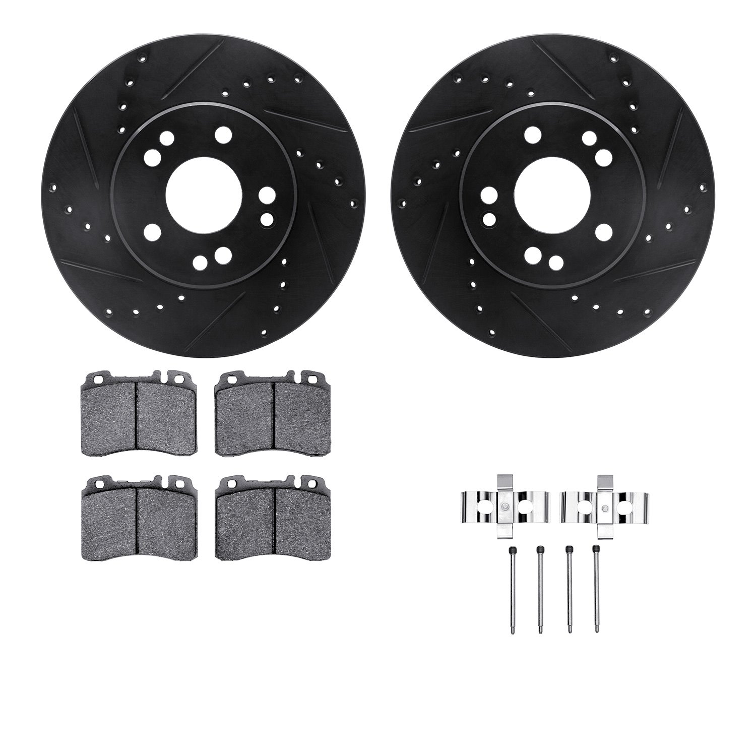 8512-63243 Drilled/Slotted Brake Rotors w/5000 Advanced Brake Pads Kit & Hardware [Black], 1990-1995 Mercedes-Benz, Position: Fr