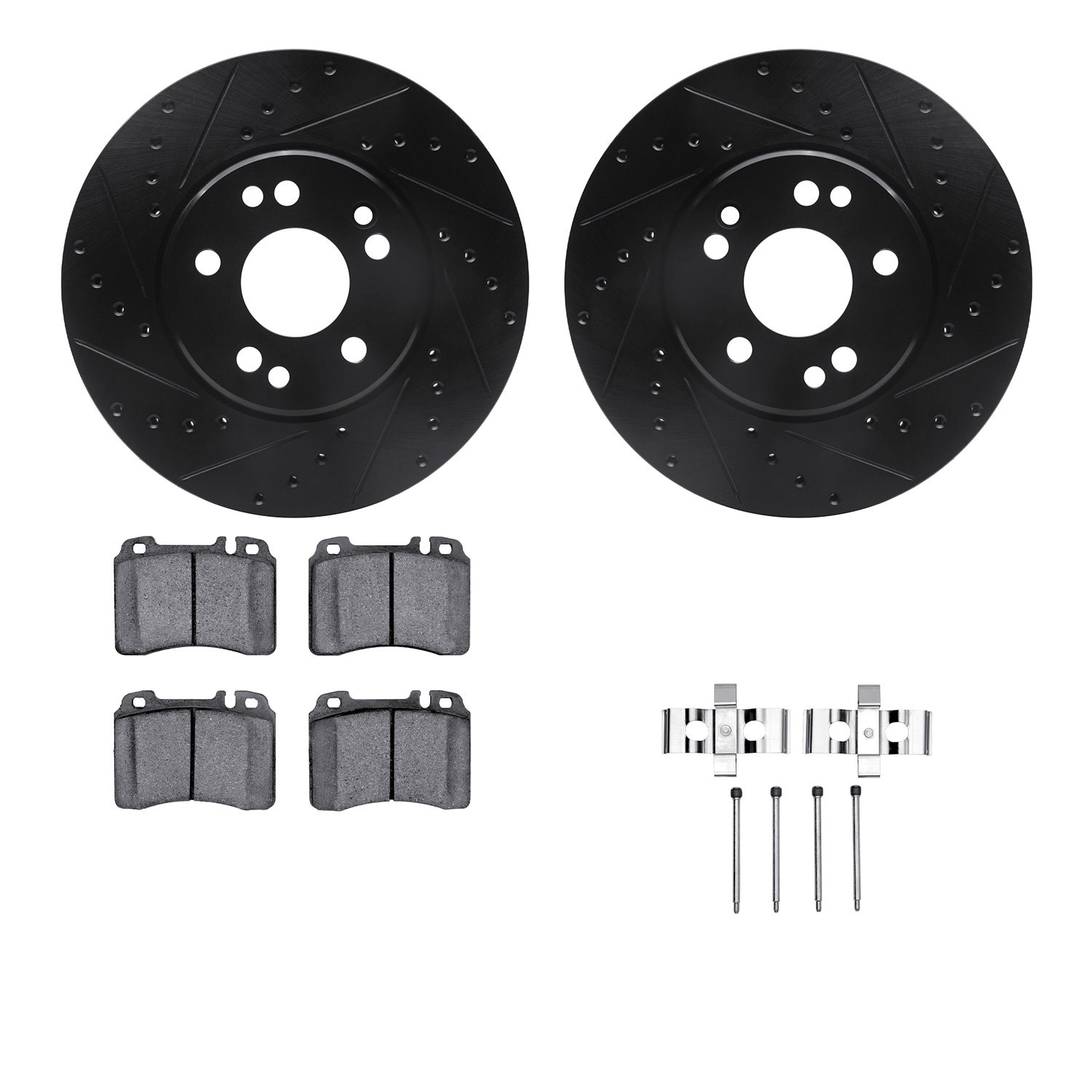 8512-63245 Drilled/Slotted Brake Rotors w/5000 Advanced Brake Pads Kit & Hardware [Black], 1990-1998 Mercedes-Benz, Position: Fr