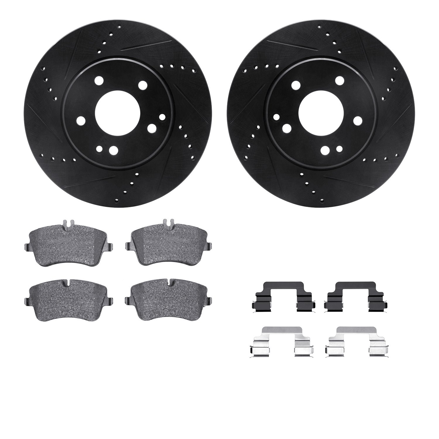 8512-63335 Drilled/Slotted Brake Rotors w/5000 Advanced Brake Pads Kit & Hardware [Black], 2003-2015 Mercedes-Benz, Position: Fr