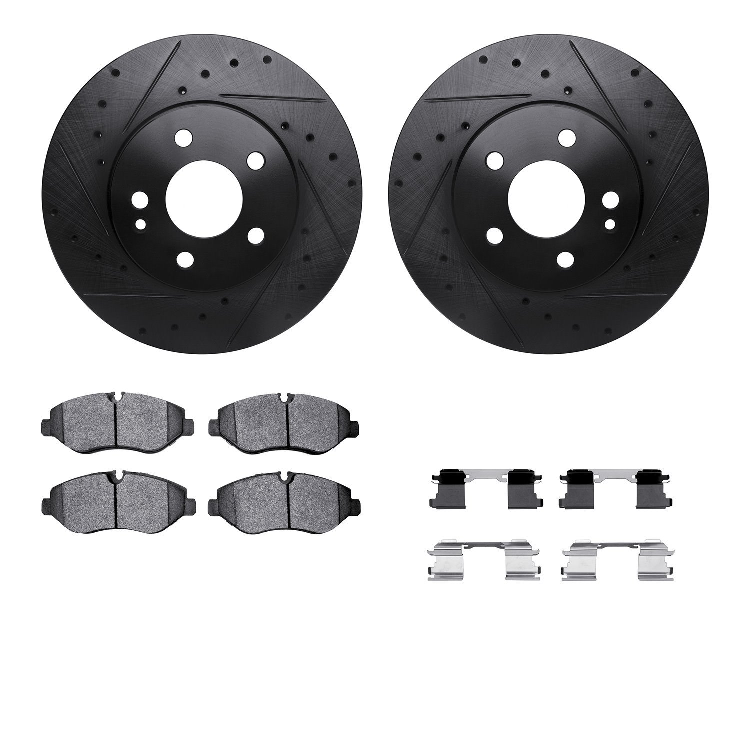 8512-63536 Drilled/Slotted Brake Rotors w/5000 Advanced Brake Pads Kit & Hardware [Black], Fits Select Mercedes-Benz, Position: