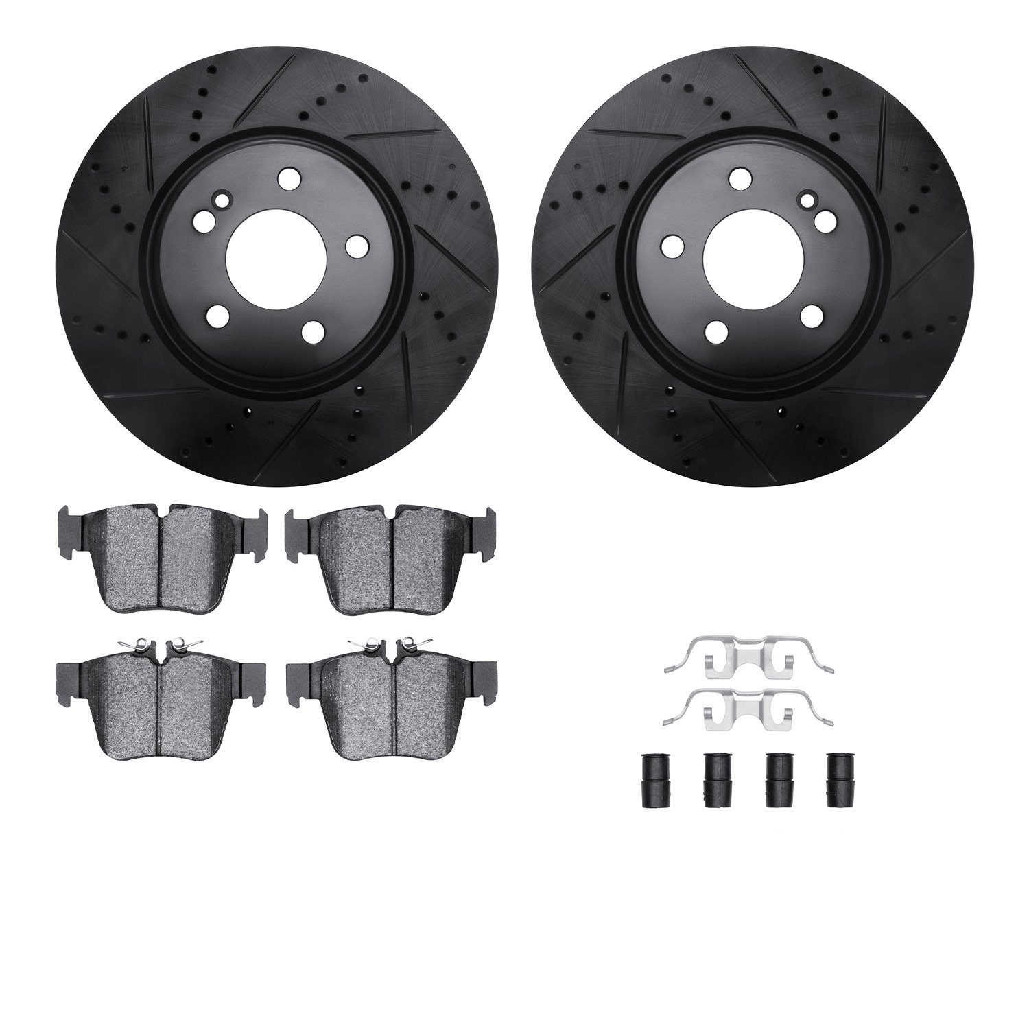 8512-63546 Drilled/Slotted Brake Rotors w/5000 Advanced Brake Pads Kit & Hardware [Black], Fits Select Mercedes-Benz, Position: