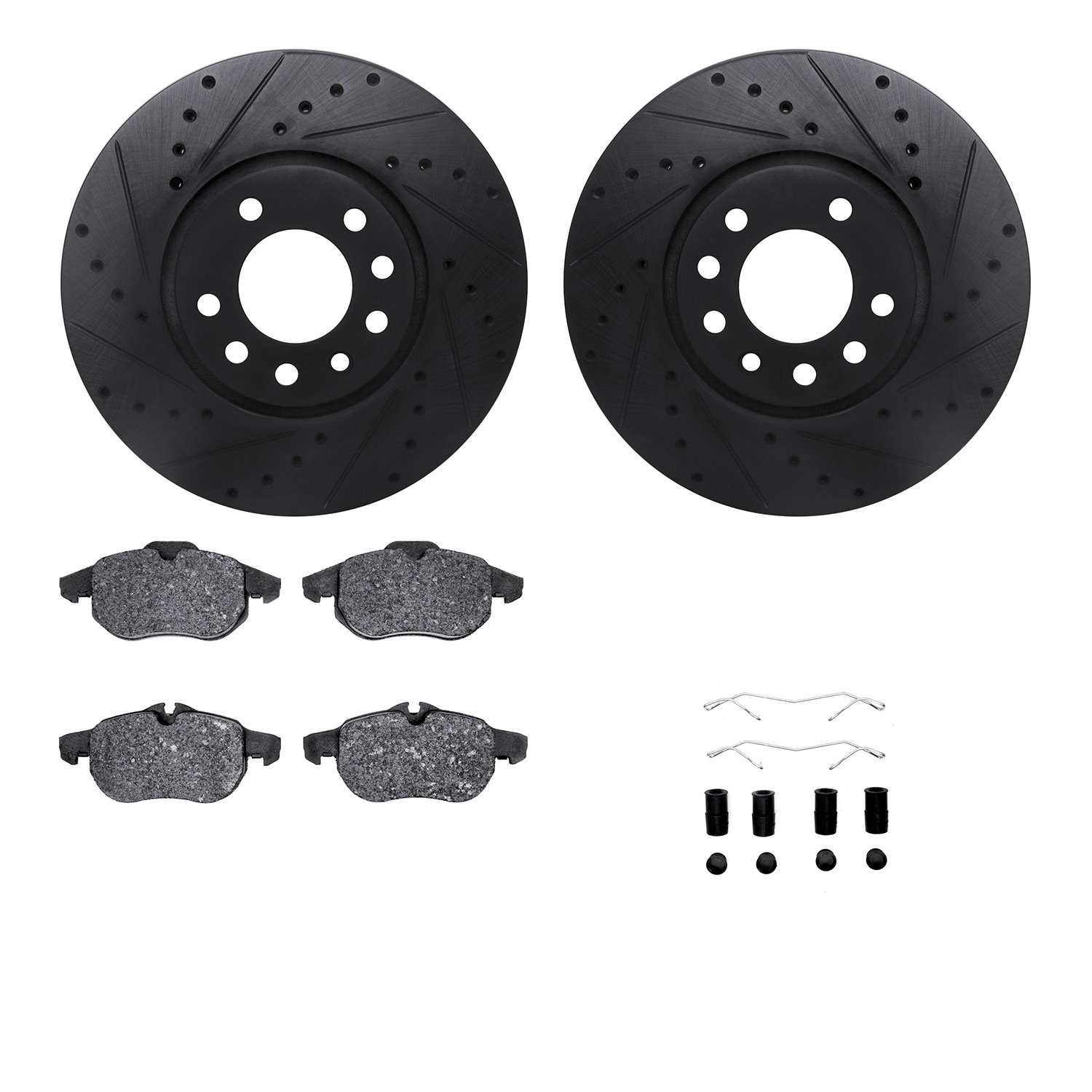 8512-65015 Drilled/Slotted Brake Rotors w/5000 Advanced Brake Pads Kit & Hardware [Black], 2003-2011 GM, Position: Front